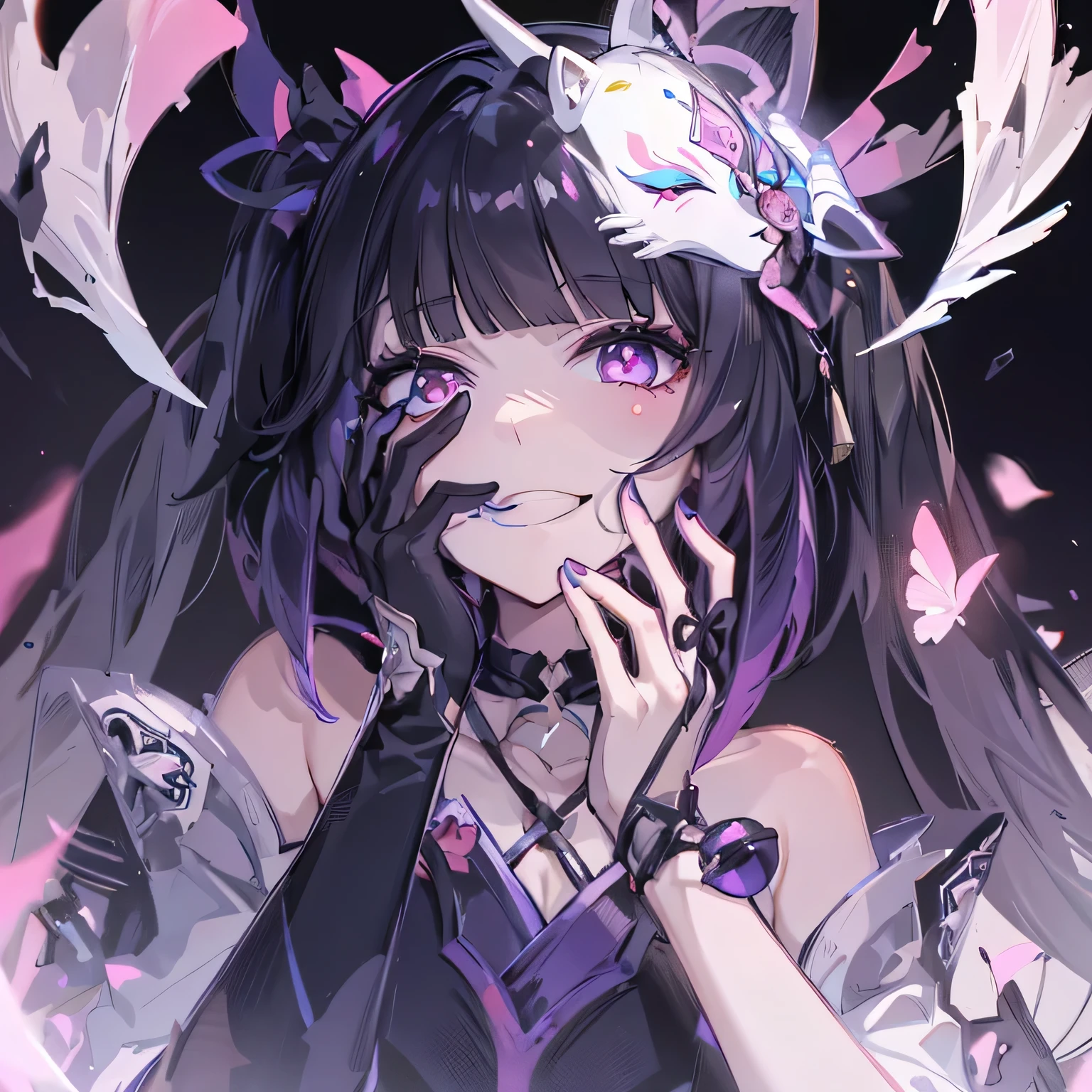 ((masterpiece,best quality)),(negative space:1.4),(1girl, solo:1.4), alleyway, dark atmosphere, a young woman who has black hair that is tied into two high pigtails with a purple tie. Her hair reaches her hips and has purple tips, fringe middle bangs, and two locks in front, with the left lock reaching her collarbone and the right lock reaches her shoulder. She has fluorescent pink eyes with a light colored butterfly detail under her pupils, beautiful detailed eyes, cocky smirk, sadistic, narcissistic, and tiny black dots under each of her eyes. Additionally, a white-and-black Kitsune mask is at an angle on the top of her head, which has a purple flower gem on its forehead, a dark purple suit with decorative pink cut stone accessories, a sash with a pink gem, and a unique hat adorned with her emblem. She wears gloves, white pants with black bands, and dark-heeled shoes.