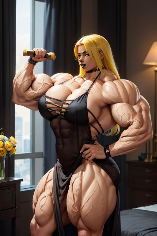 ((((Massive, beautiful, buff, brown skinned muscular woman with yellow hair, black lipstick, ginormous bulky muscles, standing next to the window flexing her biceps and wearing a beautiful black silk nightgown)))), {close view}, black eyeliner, massive muscles, massive biceps, hyper muscle triceps, (long flowing hair), gray eyes, beautiful choker, slipper, flexing biceps, in a luxurious bedroom, night time, flirtatious smirk, hyper muscles arms, hyper muscle legs, massive arms