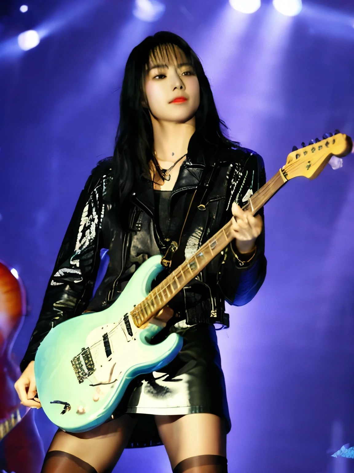 Rock girl, beautiful woman, shiny black hair, Cleopatra hair, leather jacket, leather skirt, net tights, playing electric guitar, on sunny stage