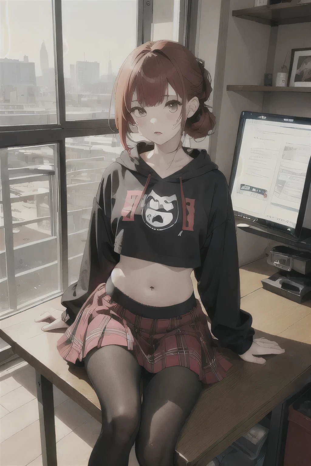 1 girl, Redhead, Updo, Facial hair streaks, Red eyes, mascara, Oversized hoodie, abdomen, hot pants, tights, laced tights, skirt, Sagging under the eyes, Sitting, coffee shop, Ground angle shot, Viewers looking up, feet in tights,  Impact, 8k, masterpiece,