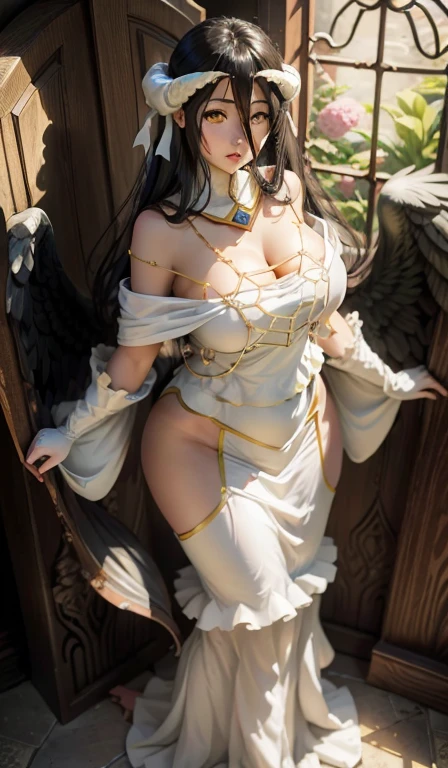 Japanese cartoons, HDR, Soft Light, ((best quality)), ((masterpiece)), (detailed), Albedo, Black Hair, Hair between the eyes, Yellow eyes, White Horn, Ahog , Black Wings, (Low Wing: 1.1), charming pose, Smile, Open your mouth, (((Large Breasts))) (((A plump teardrop-shaped chest,)))Expose((Cleavage)), looking at the audience, White Dress, Hip ventilation, White gloves, indoors, luxury, throne, Stone Floor