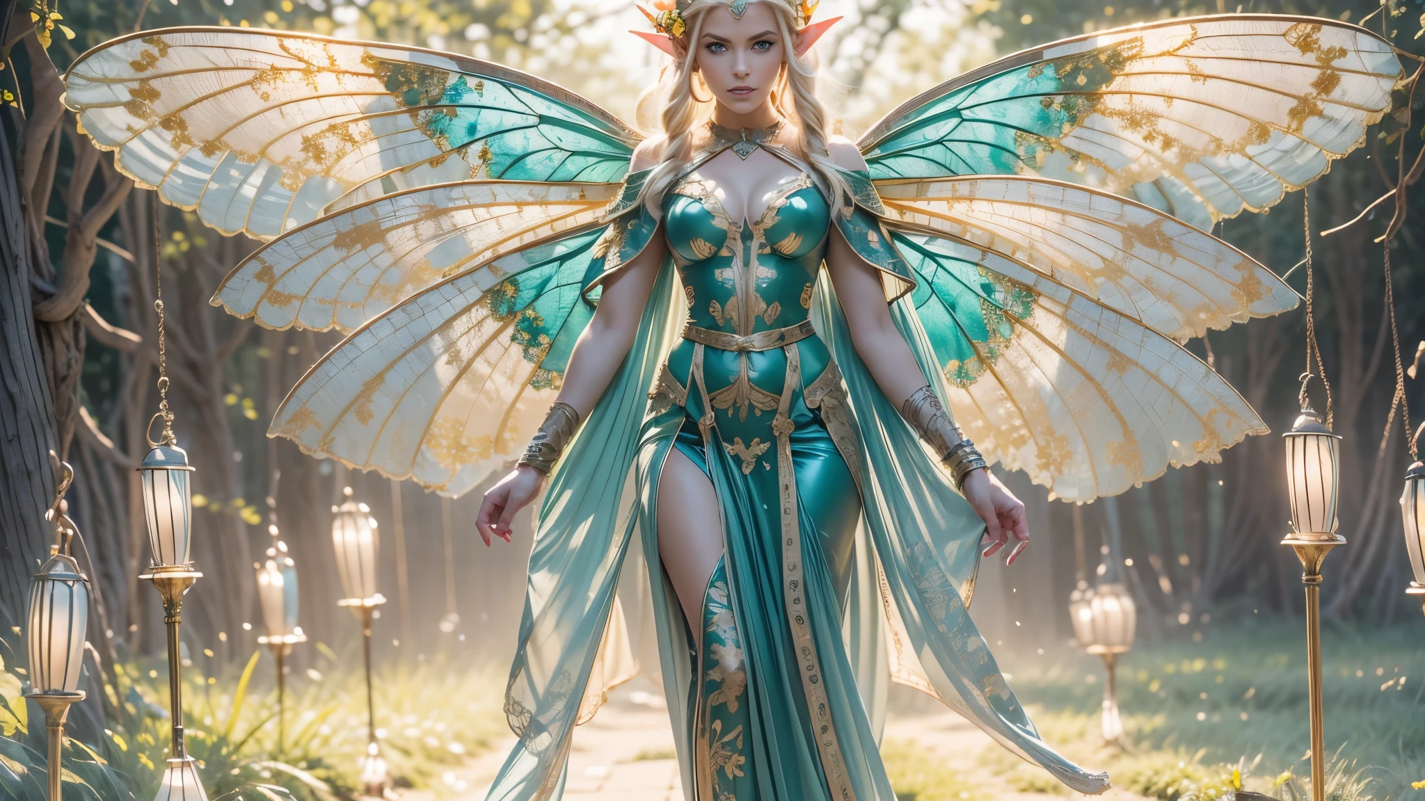 Beautiful faerie woman, elf ear, flying, centered holographic dragonfly wings, glowing blue eyes, detailed proportional hand, proportional body, firm breast, silk tutu, frank Frazzetta painting style, (Best Quality:1.4), (Ultra-detailed), (extremely detailed CG unified 8k wallpaper), Highly detailed, RAW Photos, Professional Photography, plein air, Illumination, (Super fancy photos:1.4), (Dazzling light), Radiant Photography, depth of fields