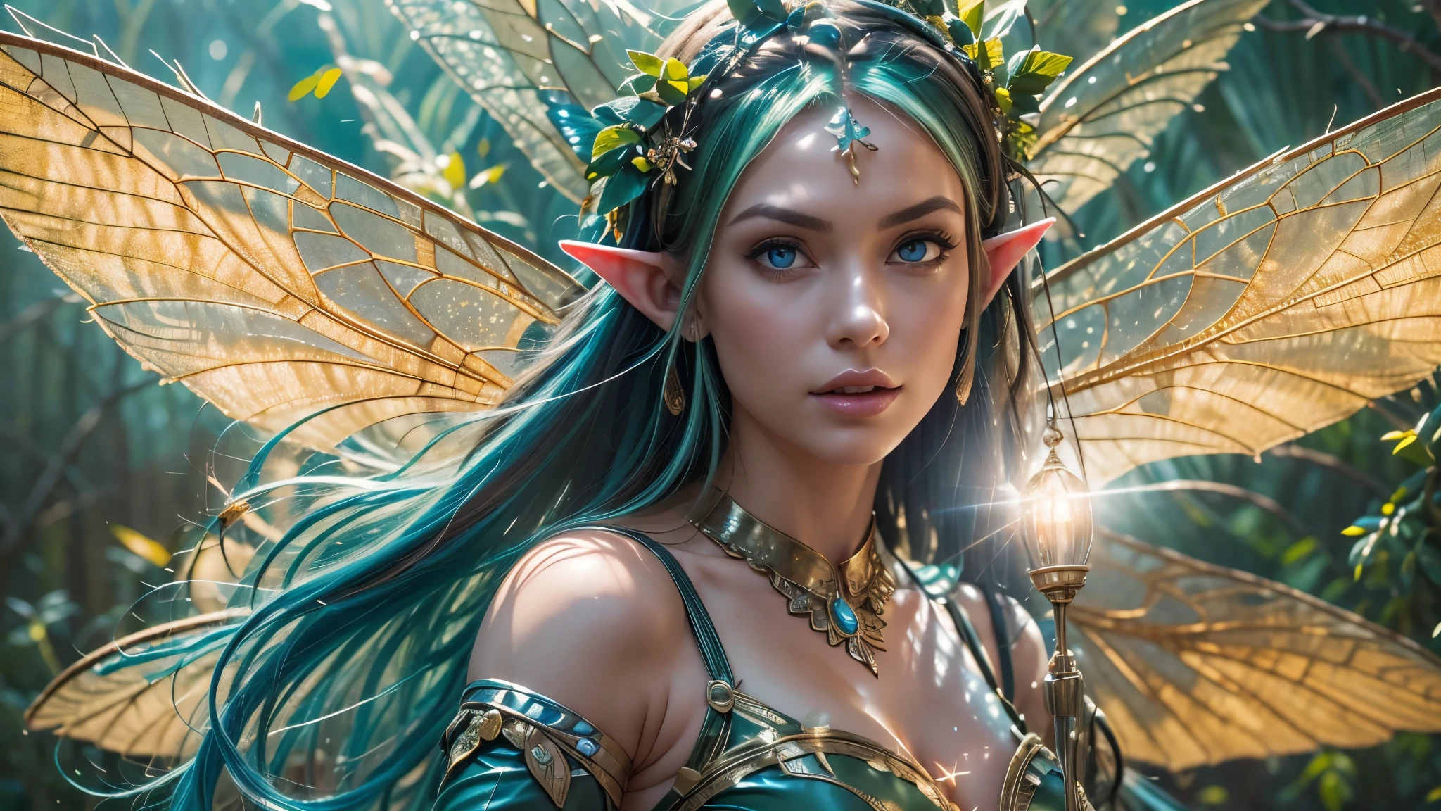 Beautiful faerie woman, elf ear, flying, centered holographic dragonfly wings, glowing blue eyes, detailed proportional hand, proportional body, firm breast, silk tutu, frank Frazzetta painting style, (Best Quality:1.4), (Ultra-detailed), (extremely detailed CG unified 8k wallpaper), Highly detailed, RAW Photos, Professional Photography, plein air, Illumination, (Super fancy photos:1.4), (Dazzling light), Radiant Photography, depth of fields