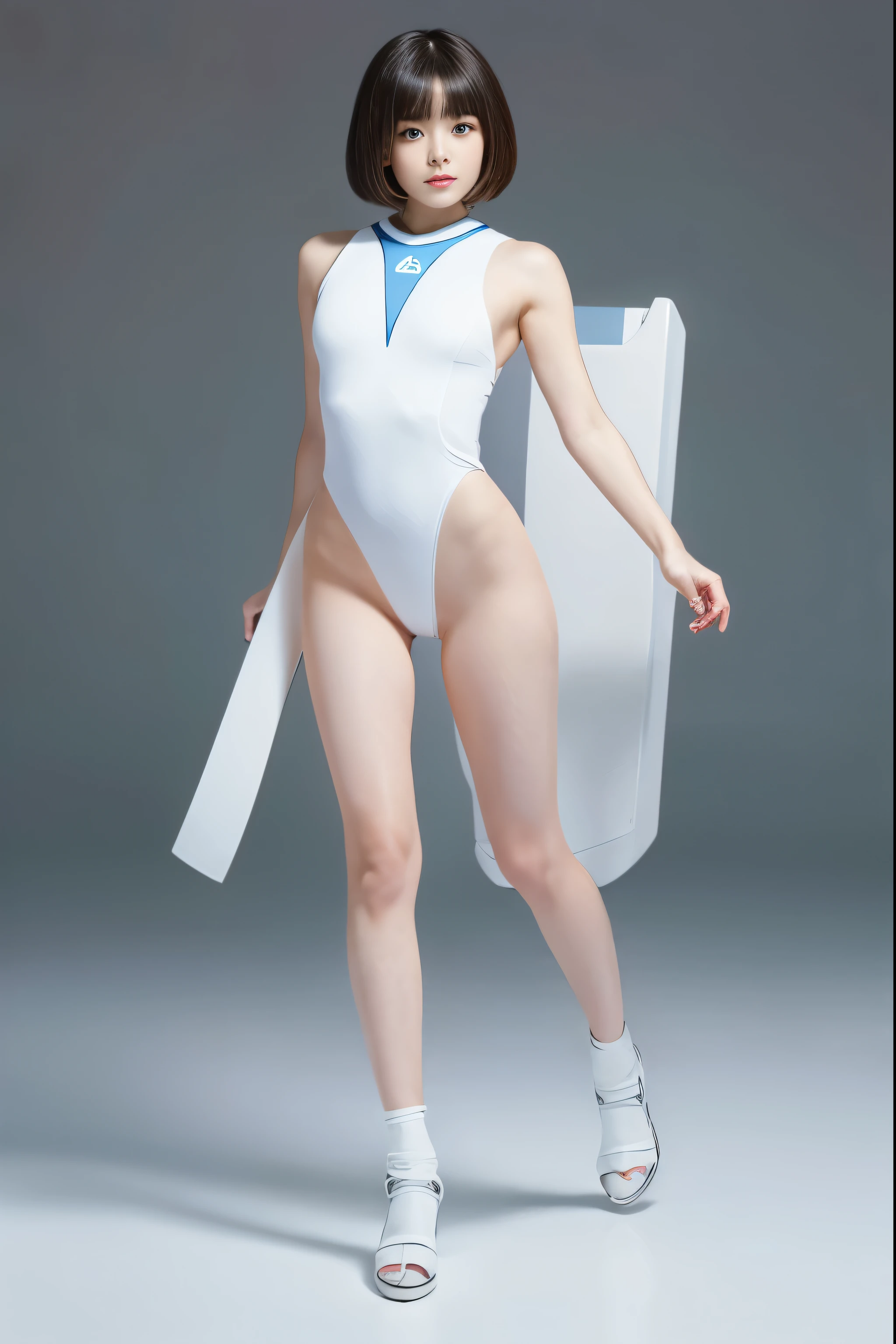 A female android with a short bob and a baby face.、Wearing a white high leg leotard protector、Charging via the connector on the tail、Full body image、