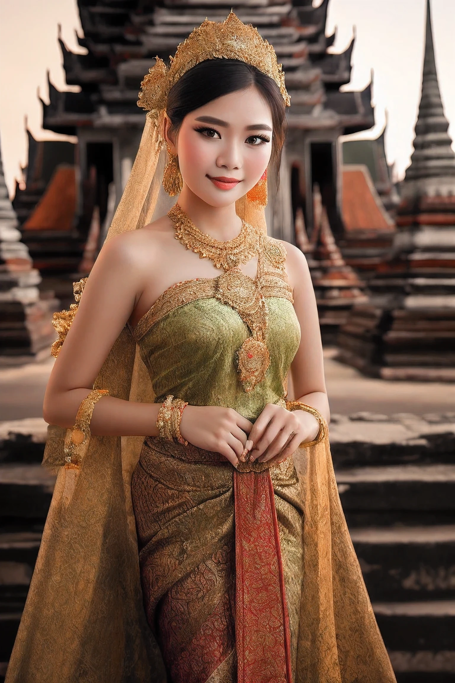 8k uhd, high quality , RAW photo, professional photograph , shot on a Canon EOS 5D , A beautiful woman with Thai Dress
