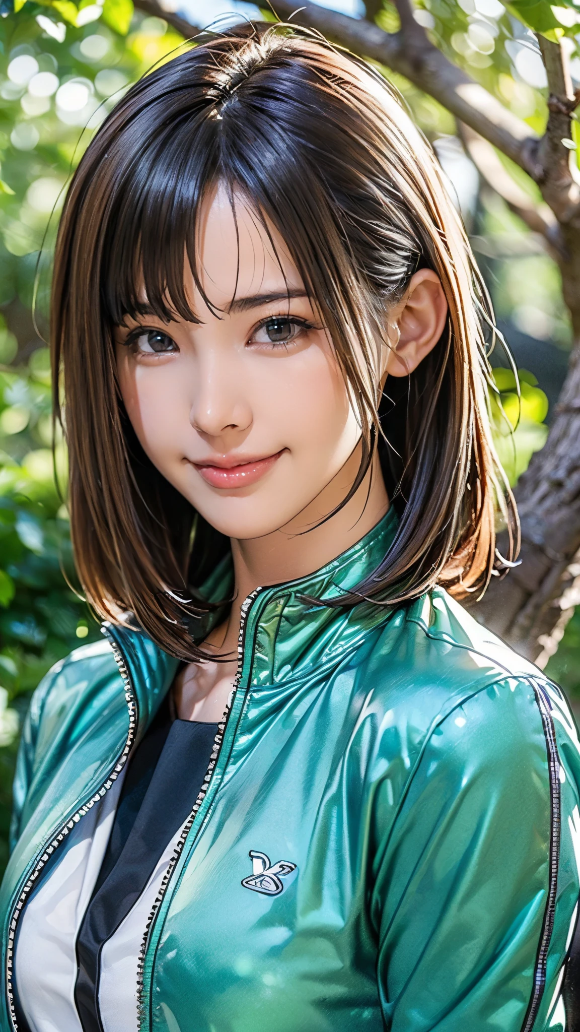 (((masterpiece:1.5),(highest quality:1.5),(Very detailed:1.5),(High resolution:1.5),(Realistic:1.5),(Photorealistic:1.5),(Delicate depiction),(Gentle colors))),8k,wallpaper,BREAK,1 girl,New female employee,(Face close-up:1.5),(front),Japanese,Short Bob,(Black Hair),(Beautiful Hair:1.5),(Shiny Hair:1.3),(Detailed hair drawing:1.2),(Peering in:1.5),(Fine skin:1.5),(Shiny skin:1.3),(Beautiful Face:1.5),(Cute Face:1.5),(smile:1.5),(Smiling with mouth closed:1.5),(Beautiful Teeth),((Wearing a stylish jacket:1.5)),((Wearing a cute shirt:1,5)),(Matte colored clothes),(Spring background:1.5),((Gentle sunlight through the trees:1.5)),(((Blur the background:1.5)))