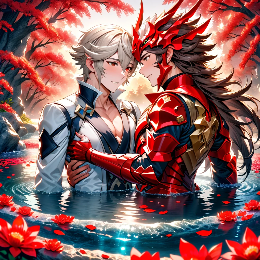 absurdres, highres, ultra detailed, HDR, master piece, best quality, Ryoma, dark brown long hair, expressive brown eyes, fire emblem fates, Corrin, white short hair, expressive red eyes, two sexy men together, gay couple, yaoi, handsome, white clothes, water, red butterflies, red flowers, red petals