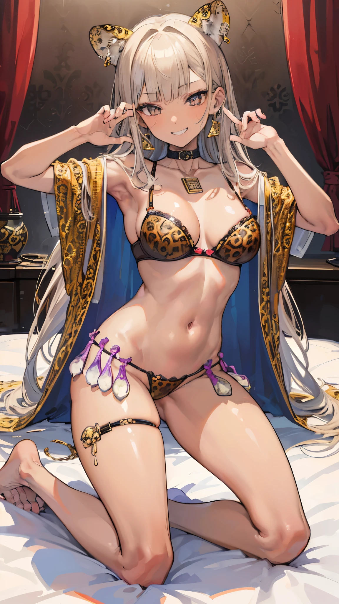 (8k、Best image quality、highest quality、masterpiece)、Detailed face、 One girl、((Brown skin:1.3))、Golden burst、Long Hair、Grey Eyes、Earrings、evil smile、((Grin))、Large Breasts、((leopard pattern bra))、((leopard pattern panties))、kneeling、((condom belt))、On the bed、Bedroom Background
