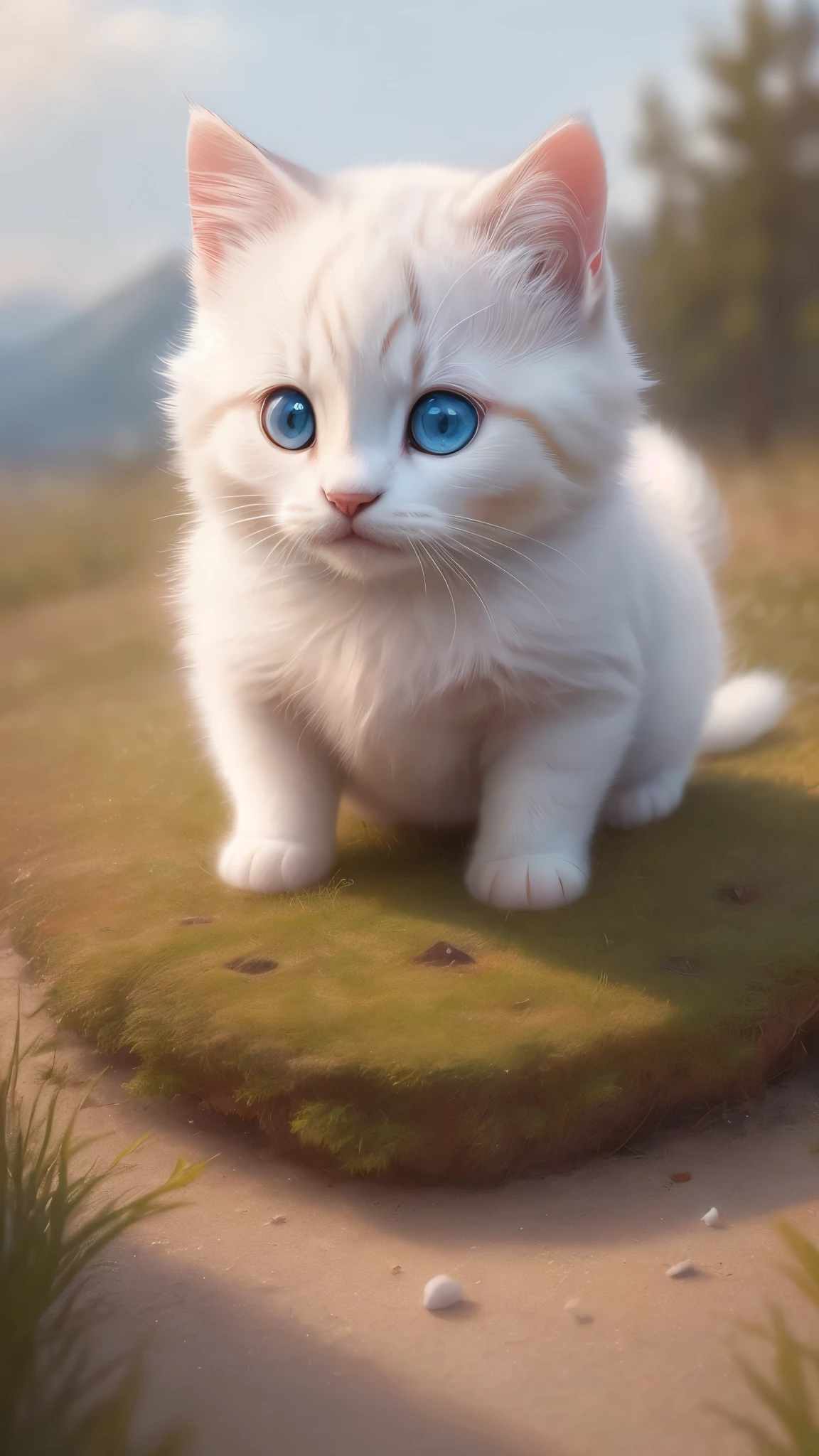 (highest quality,4K,8k,High resolution,masterpiece:1.2),Super detailed,(Realistic,Realistic,Photorealistic:1.37),Northern,South,Multiverse,Diverse landscapes,Natural Beauty,Cute white kitten,Art Gallery、Very small kitten、Random Pause