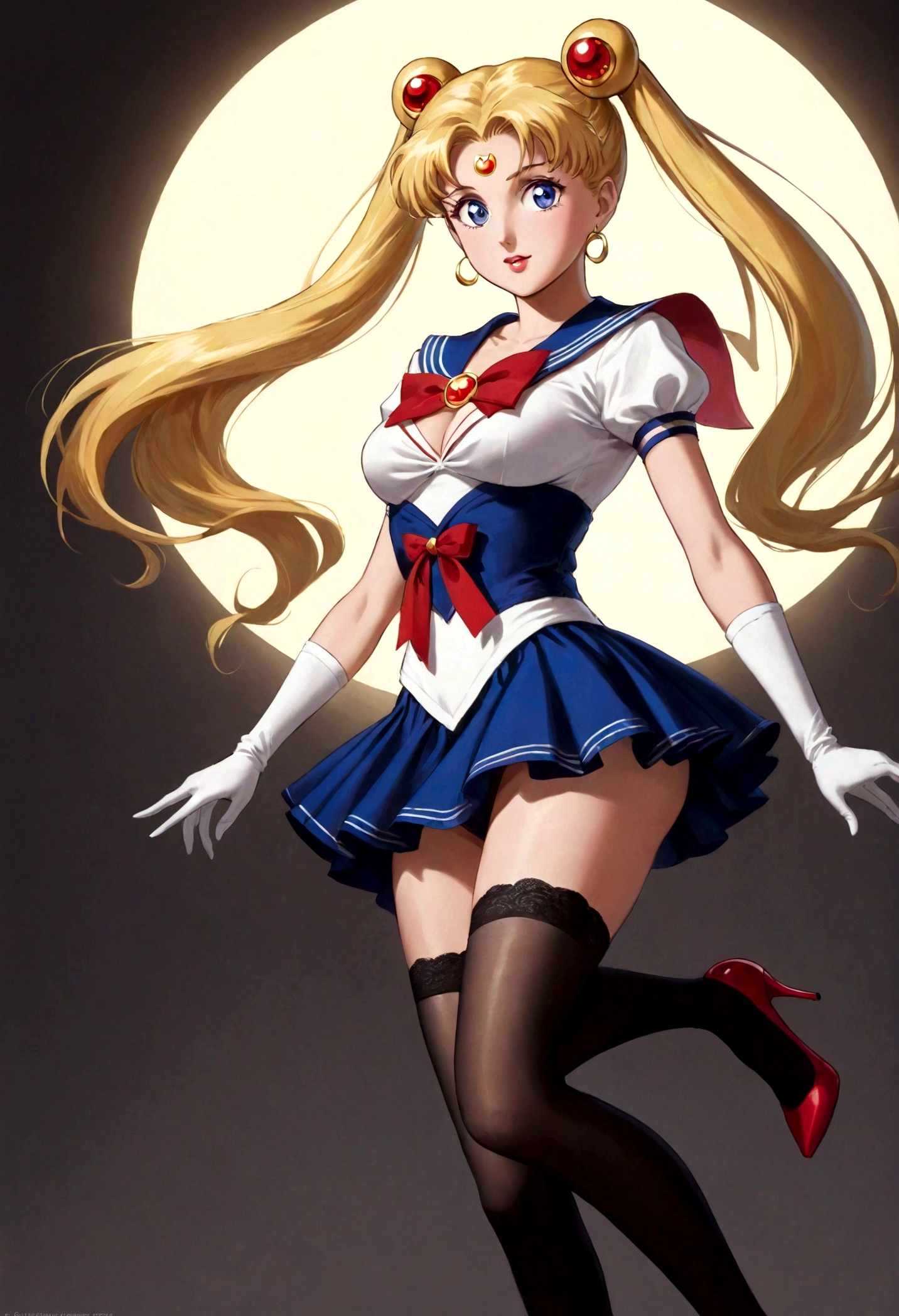 Sailor Moon anime character, adult woman, blond hair, blue eyes, long hair with two buns, heart shaped face with a red corset, red thong and high heels on a catwalk with an audience in the background
