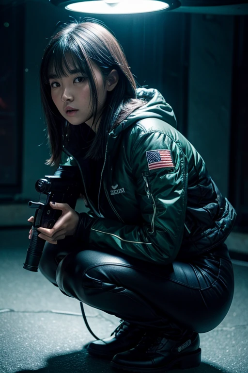 (grainy:0.5), cinematic,girl, space, serious, detailed eyes, detailed face, detailed futuristic clothes, lights in clothes, (aiming gun:1.1), (hiding:1.1), (squatting, looking to side:1.1), volumetric lighting, isolation, horror, dark lighting, red bioluminescent details, green bioluminescent details, blue bioluminescent details
