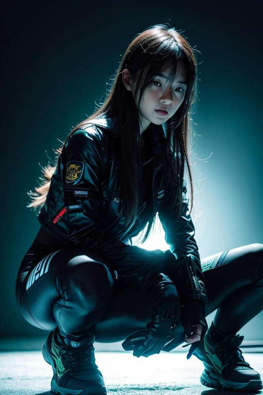 (grainy:0.5), cinematic,girl, space, serious, detailed eyes, detailed face, detailed futuristic clothes, lights in clothes, (aiming gun:1.1), (hiding:1.1), (squatting, looking to side:1.1), volumetric lighting, isolation, horror, dark lighting, red bioluminescent details, green bioluminescent details, blue bioluminescent details