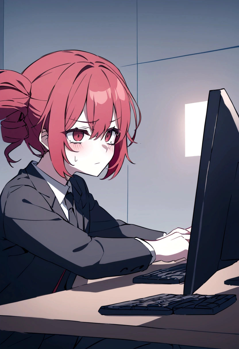 Red hair、Black Suit、Painful face、Sit in front of your computer、desk