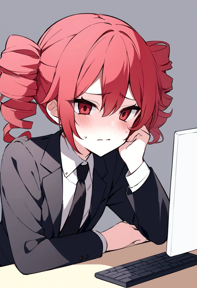 Red hair、Black Suit、Painful face、Sit in front of your computer、desk