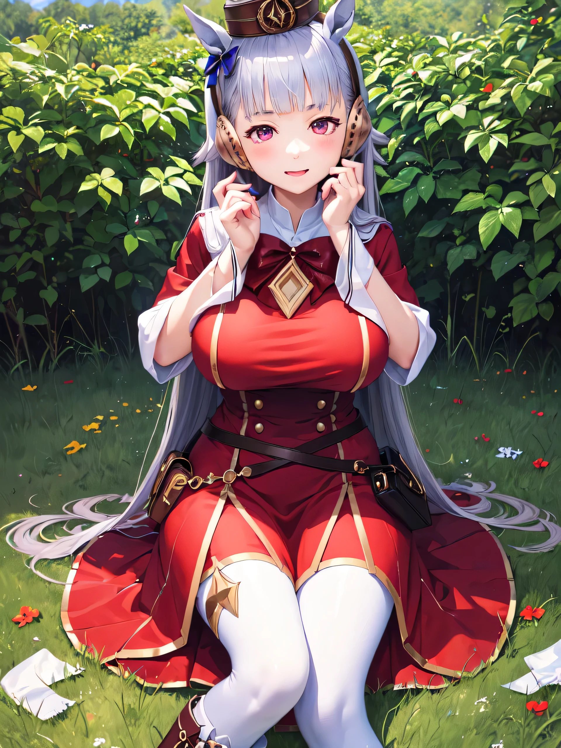 Dark color depiction、(masterpiece, highest quality:1.2), alone, One girl, umpd gold ship, pillbox hat, Red dress,No sleeve, White Pantyhose, boots, Horse tail, blush、in the forest、(Huge breasts:1.2)、Close your eyes and scream、Spread your legs、See-through underwear、Thick white love juice、Drip a large amount of love juice、Intense masturbation、Intense masturbation、Clothes are see-through、Underwear wedgie、Low - Angle、Touching pussy、Pierce your、Nipples are visible、Massage the breasts、Sweat、、ergarteners、、6 year