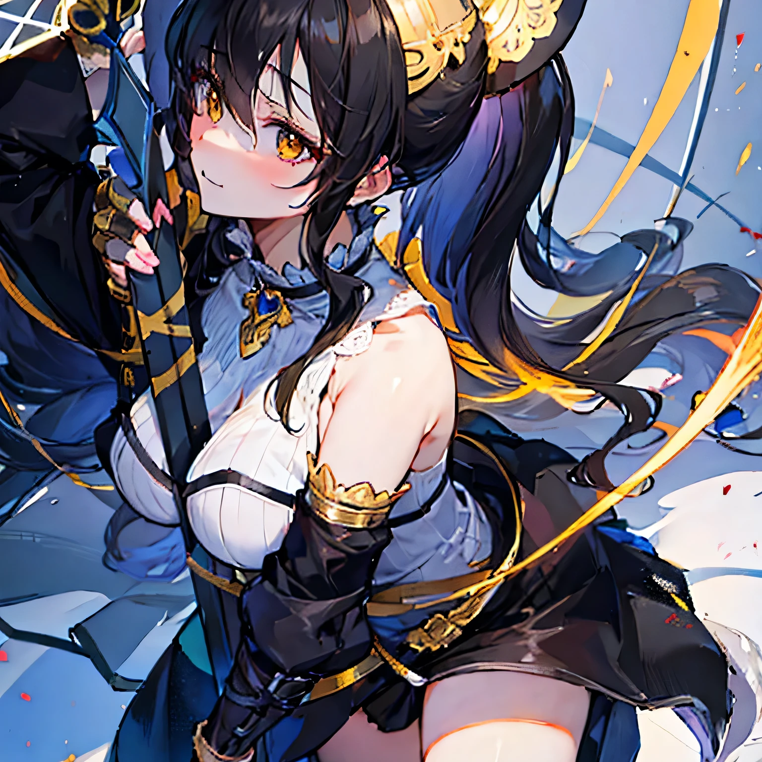 masterpiece, best quality, absurdres, 1girl, solo, long hair, hair intakes, dark hair, deep golden eyes, cocky, smirk, sleeveless white vest, black short skirt with gold lining, and a black, sleeved coat with a gold interior, halo, big breasts, thick thighs