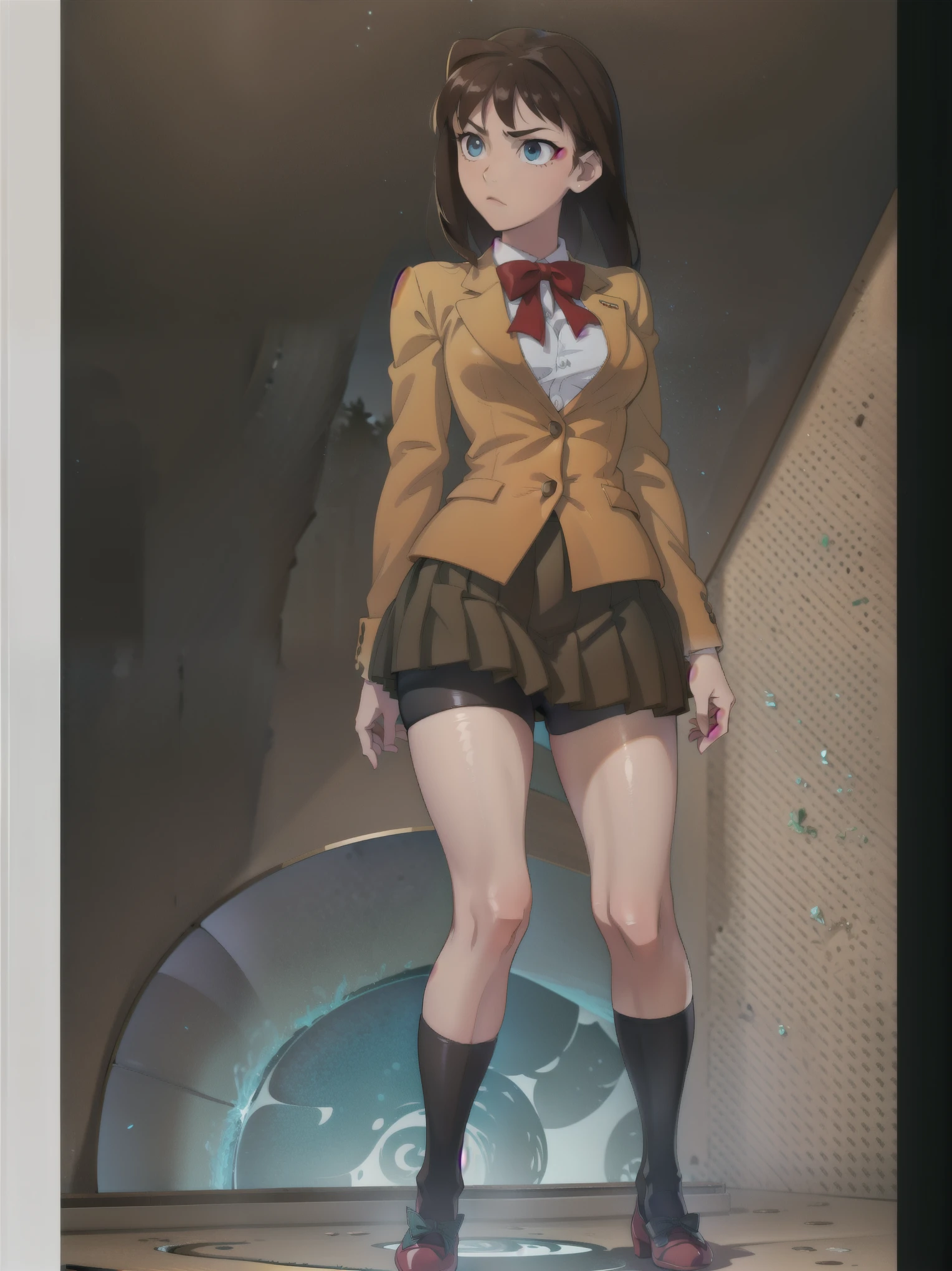 BREAK, centered, BREAK, (EMPTY BACKGROUND), BREAK, (masterpiece), best quality, highest resolution, 8k, illustration, (beautiful detailed eyes:1.5), extremely detailed face, extremely detailed body, CG, perfect hands, perfect anatomy, ((1girl)), ((solo)), (((bbaoko))), ((2 legs max)), ((2 feet max:1.5)), ((swirling vortex shaped longest brown hair:1.5)), (brown longest hair with slightly reddish undertone:1.6), (lush luscious longest brown hair:1.6), (very long voluminous longest brown hair:1.5), serious, blue eyes, red bowtie, (Form-fitting beige blazer:1.5), brown jacket, (highly detailed beautiful face:1.2), (white shirt:1), (well shaped large breasts:1.6), (nice hips:1), pretty legs, (highest black socks:1.5) ((Umber pleated skirt:1.6)), ((bkshrtus:1.5)), (toned visible skin thighs:1.6), ((bkshrtus:1.5)), (strap shoes brown color), (facing front:1.5), ((standing straight:1.5)), ((Fullbody in frame:1.5)), ((Full body:1.5)), (takeuchi takashi:1.3)