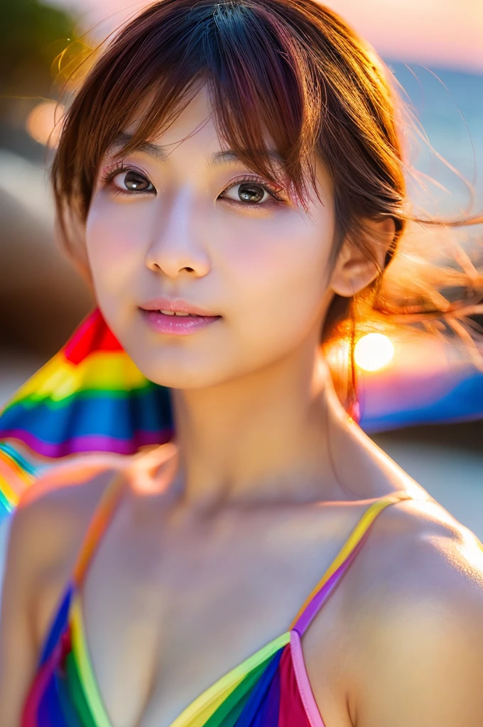 beautiful japanese lady wearing rainbow colors、 bikini, beautiful face, detailed face, Rainbow color hair, Sunset Beach