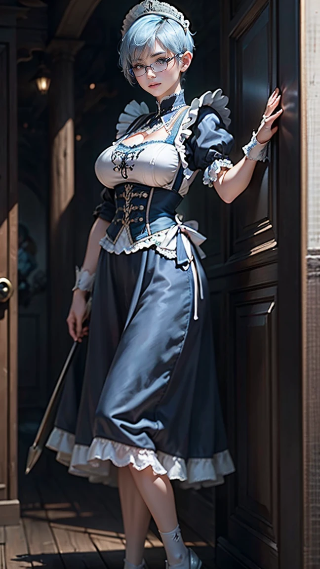 highest quality、masterpiece、8k、Realistic、(超High resolution:1.3)、Very delicate and beautiful、High resolution、Cinema Lighting、medium range shooting、Portraiture、Perfect female body、Slender physique:1.6、Opposition、Looking at the audience、((Maid from Another World、Maid clothes:1.6、Lace Apron、Frilled head dress、White gloves、Glasses、Neat hairstyle))、(Light blue short hair:1.6、Big Breasts:1.4)、A kind smile、Sharp insight、Cleaning tools、Silver tray、Polite gestures、Clean shoes、Excellent customer service skills、Secret Undercover Job、Magical Power、Faithful Service、Intricate embroidery、Pocket Watch、Otherworldly Mansion、Elegant behavior、Archaic language、Sturdy shoes、Custom made uniforms、Soft voice、Magic Items、classy attitude、Green garden、Night Patrol、Quiet footsteps、Loyal Family Protector。