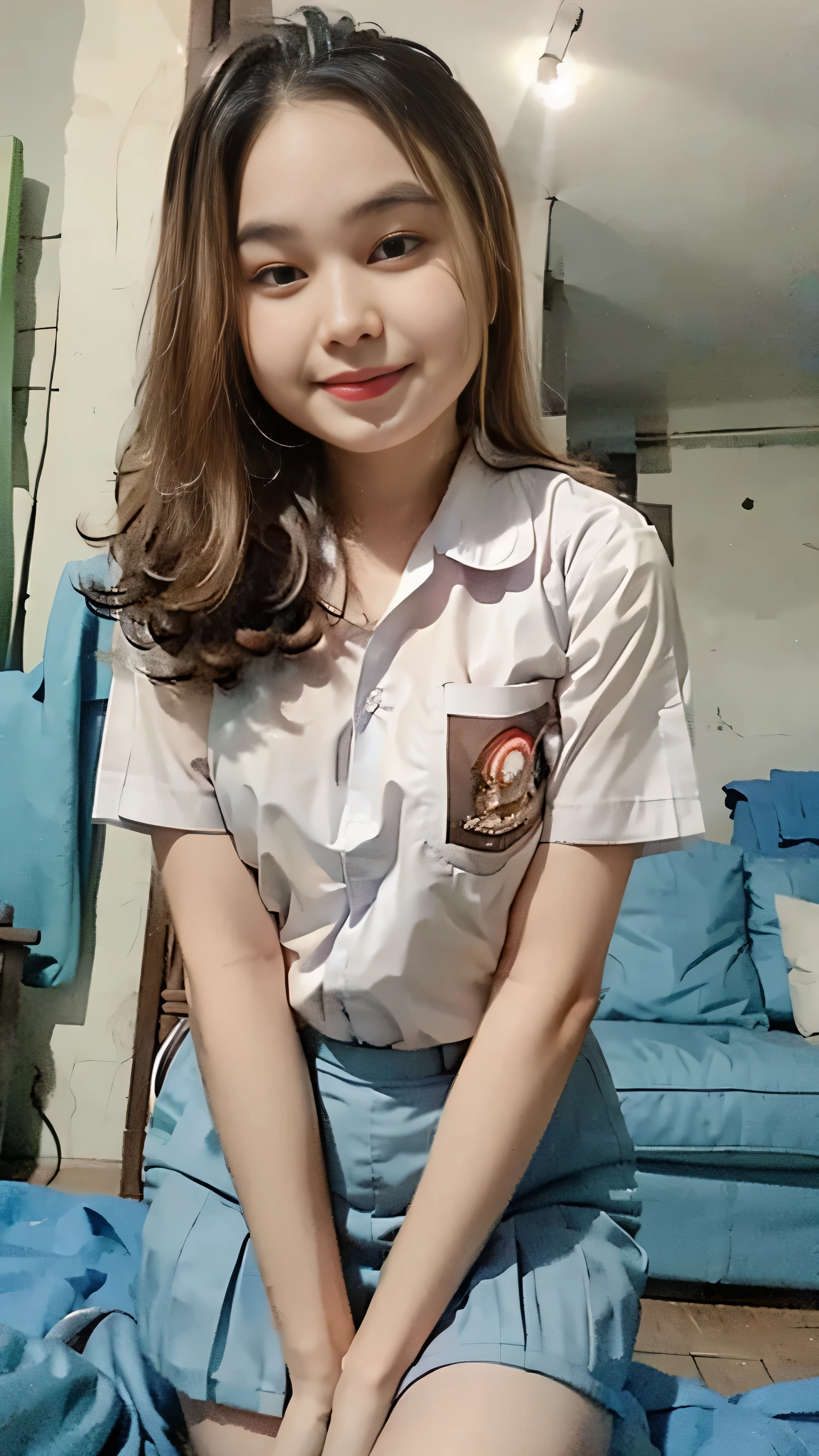 (8k, RAW photo, best quality, mastery:1.3), (realistic, photo-realistic:1.37), (looking viewer:1.331), posing Seductively, living room, soft light, 15 year old girl, short body, beautiful thighs, smaller chest, brunette hair, long hair, smile, white shirt, short sleeves, blue mini skirt