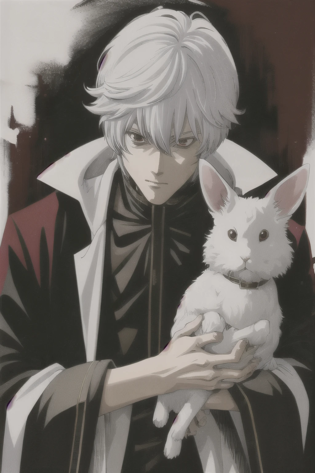 A picture of a royal anime man with white hair and red eyes, holding a rabbit's head in his hand, his expression is cold and ruthless, and he is dressed in royal clothes.