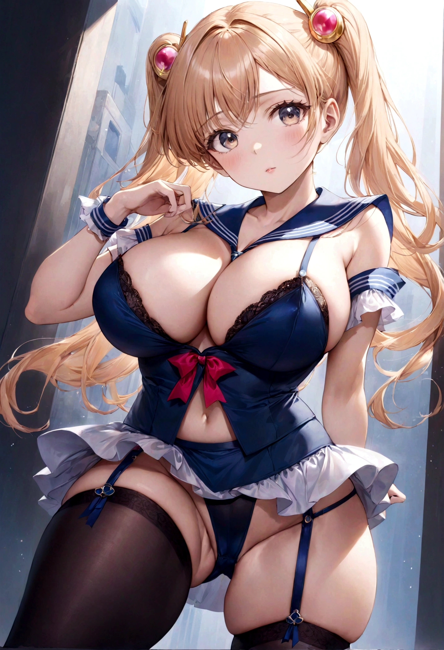 Sailor Moon, 35, is radiant in her iconic costume, striking a seductive pose that flaunts her huge, bra-less, covered breasts. Wearing a very short miniskirt and thigh high stocking with garter, high heel, the full-body shot, taken from below, shows her figure provocatively and gives a glimpse of her covered crotch. Shot in full frame, the image exudes a powerful allure reminiscent of the legendary heroine's youthful charm.