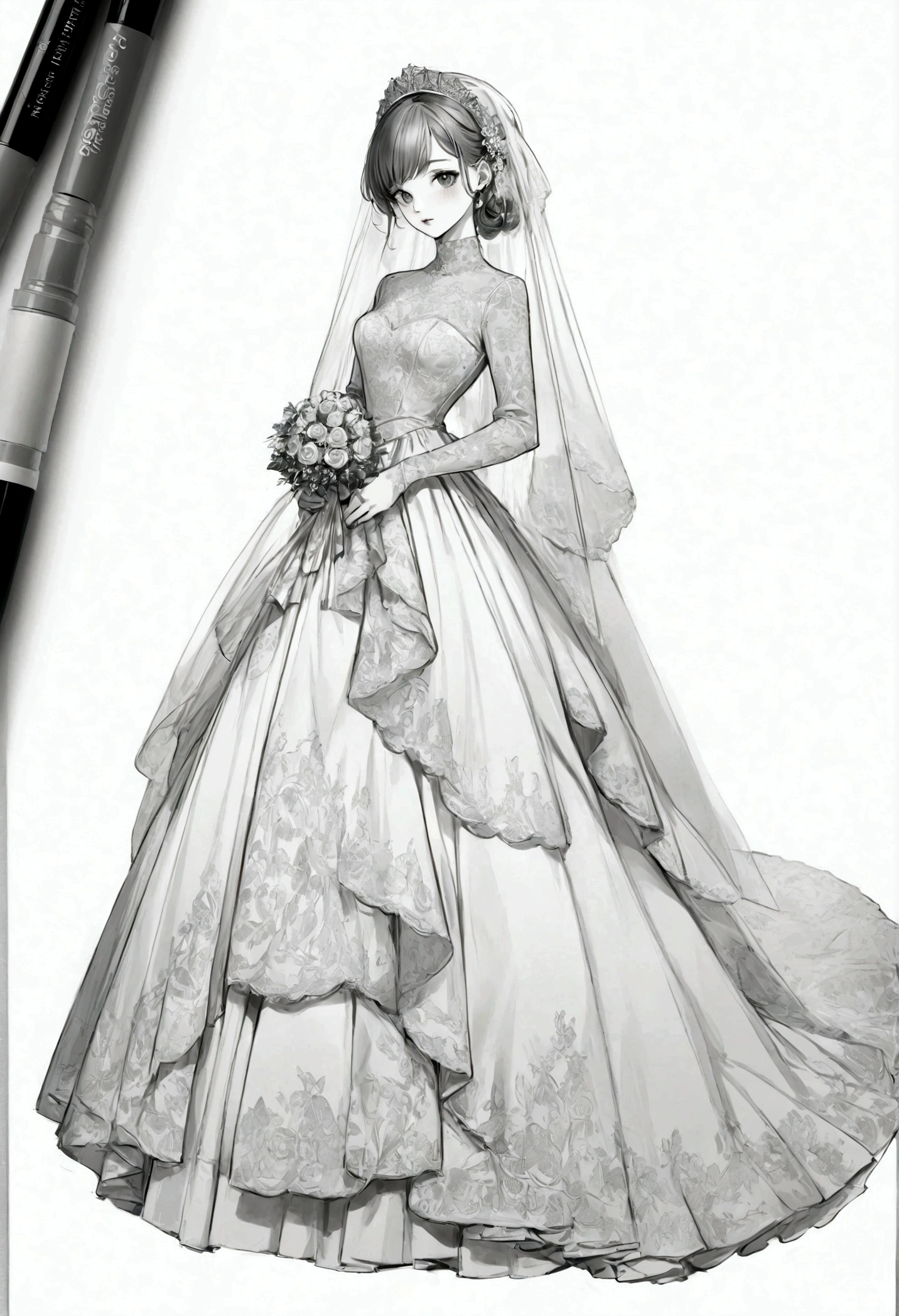 /I extremely detailed grayscale sketch of a Beautiful vintage wedding dress, full body, coloring page, outlined, white background