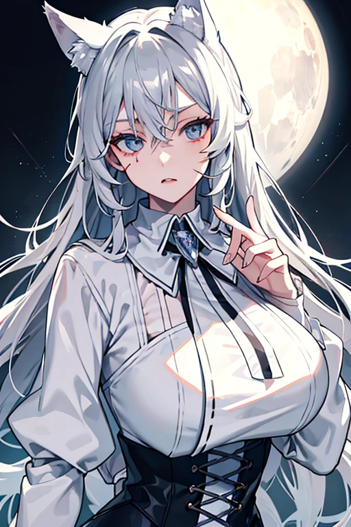 best qualtiy，tmasterpiece，The is very detailed，4K，Gray hair and shallow eyes，Drag cool expressions，Wolf ears，Erect scar on the left eye，British style，1girl，Absolutely beautiful, big bust, white costume, ear ribbon