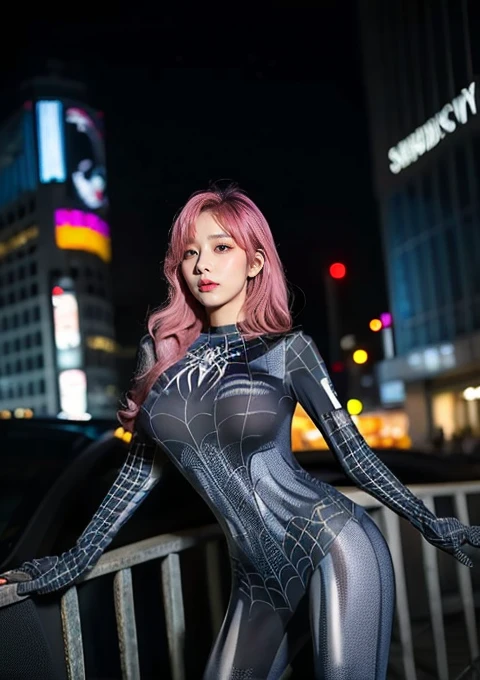 (Pink Hair :1.3), (Dayu Seren:1.37),masterpiece, highest quality, High resolution, (Realistic:1.4), (Written boundary depth:1.5), 1 girl, Thai Idol, Idol'Face, Pretty Idol, (Detailed face), (whole body:1.5), Standing in the big city,
Wavy Hair, Big Breasts:1.5, Show Viewer, animeーション, Spider-Man pose, Super Heroine,Stunning cyberpunk cityscapes, Skyscraper, Neon Signs, LED Light, Bright and vivid color scheme, anime