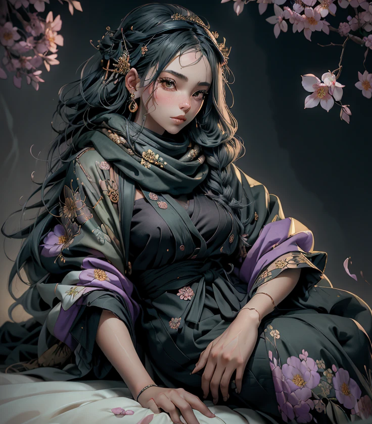 An exquisite high-resolution photo manipulation showcasing a beautiful 20-year-old girl with a graceful face, draped in a complexly designed abaya and a long, flowing scarf. She is seated within a giant purple flower, with droplets of dew dripping from the petals. ornate details, rich elements ,The background features a bokeh garden of harmonious flowers, blending seamlessly with the green valley silhouette. A soft sunray filters through the clouds, casting a gentle glow on the scene. This masterpiece is a testament to the highest quality, with exceptional detail, dramatic lighting, and a touch of the traditional Ukiyo-e style., ukiyo-e