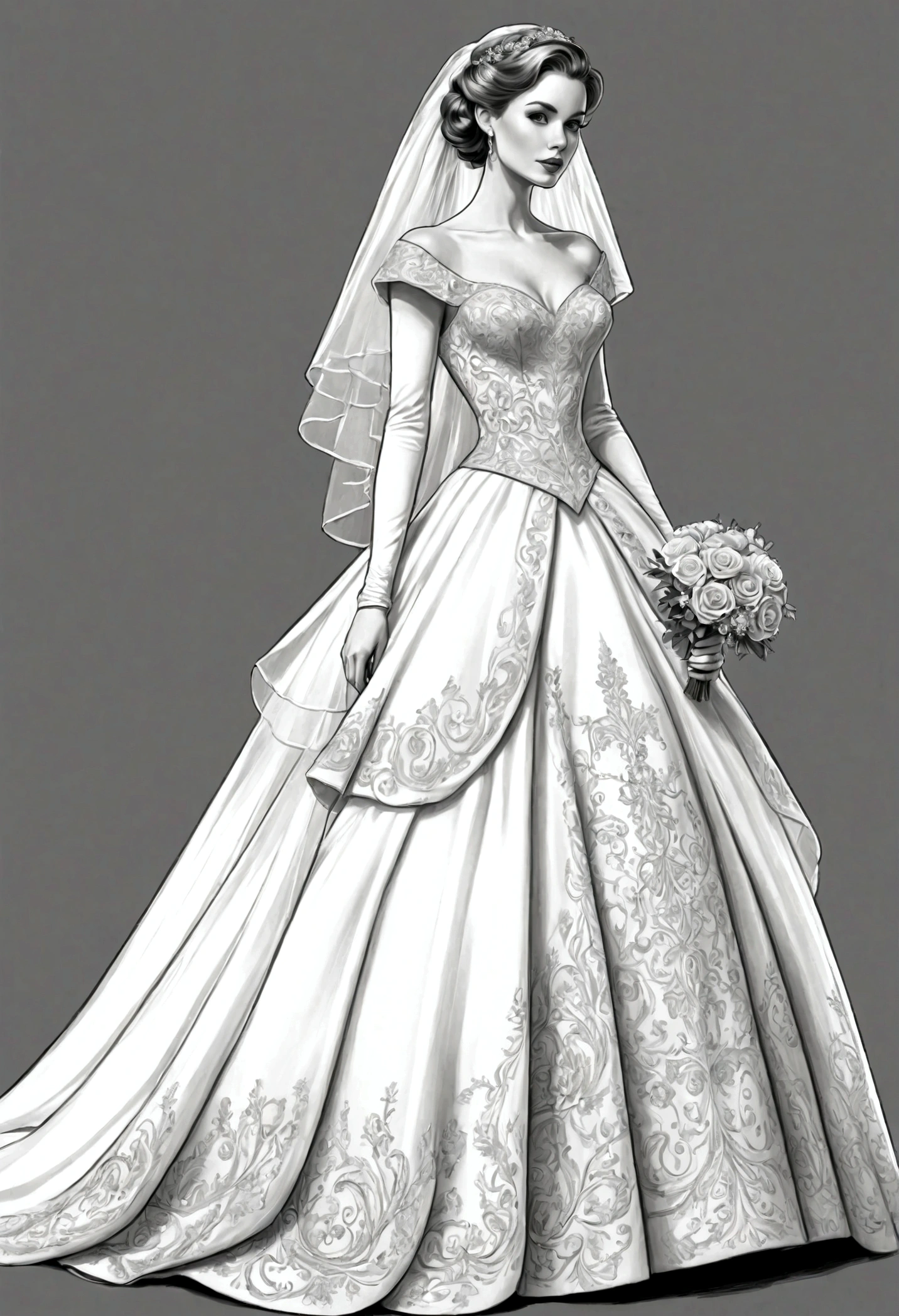 /I extremely detailed grayscale sketch of a Beautiful vintage wedding dress, full body, coloring page, outlined, white background
