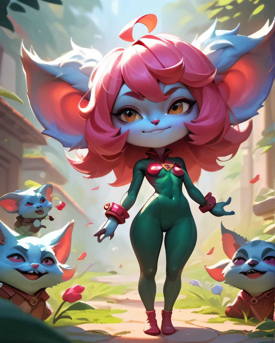 score_9, score_8_up, score_7_up, score_6_up, score_5_up, score_4_up, pink purpple yordle female, a dubious little creature getting up to mischief,cute,pretty,attrative,seminua,***rdles,noxis suit,slender,thin