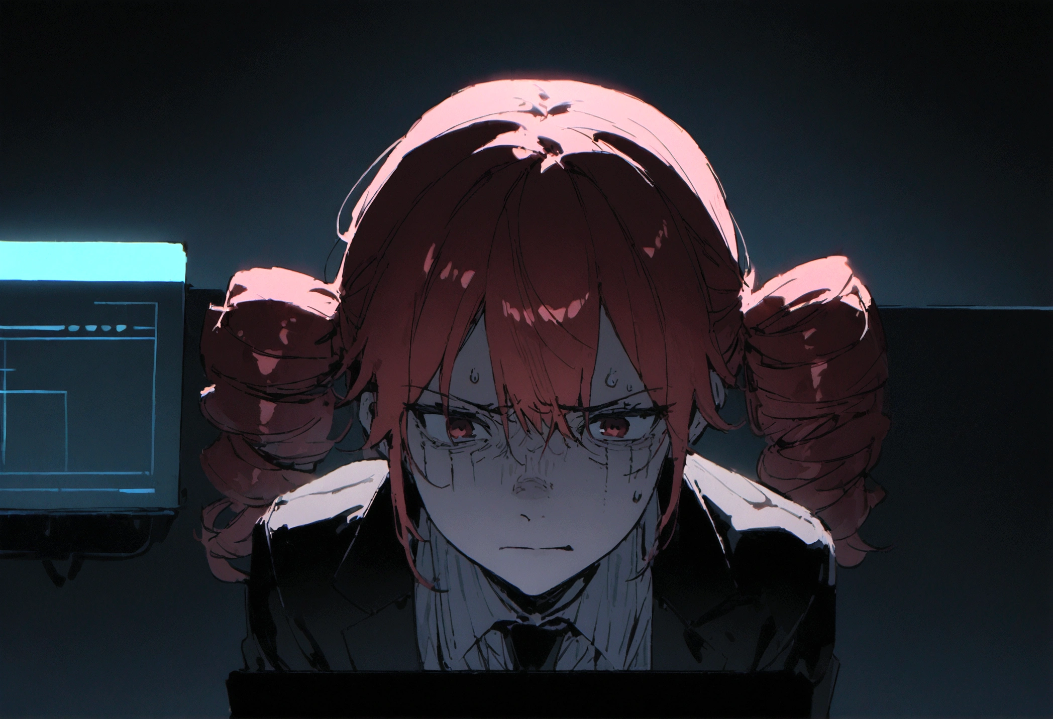 Red hair、Black Suit、Painful face、Sit in front of your computer