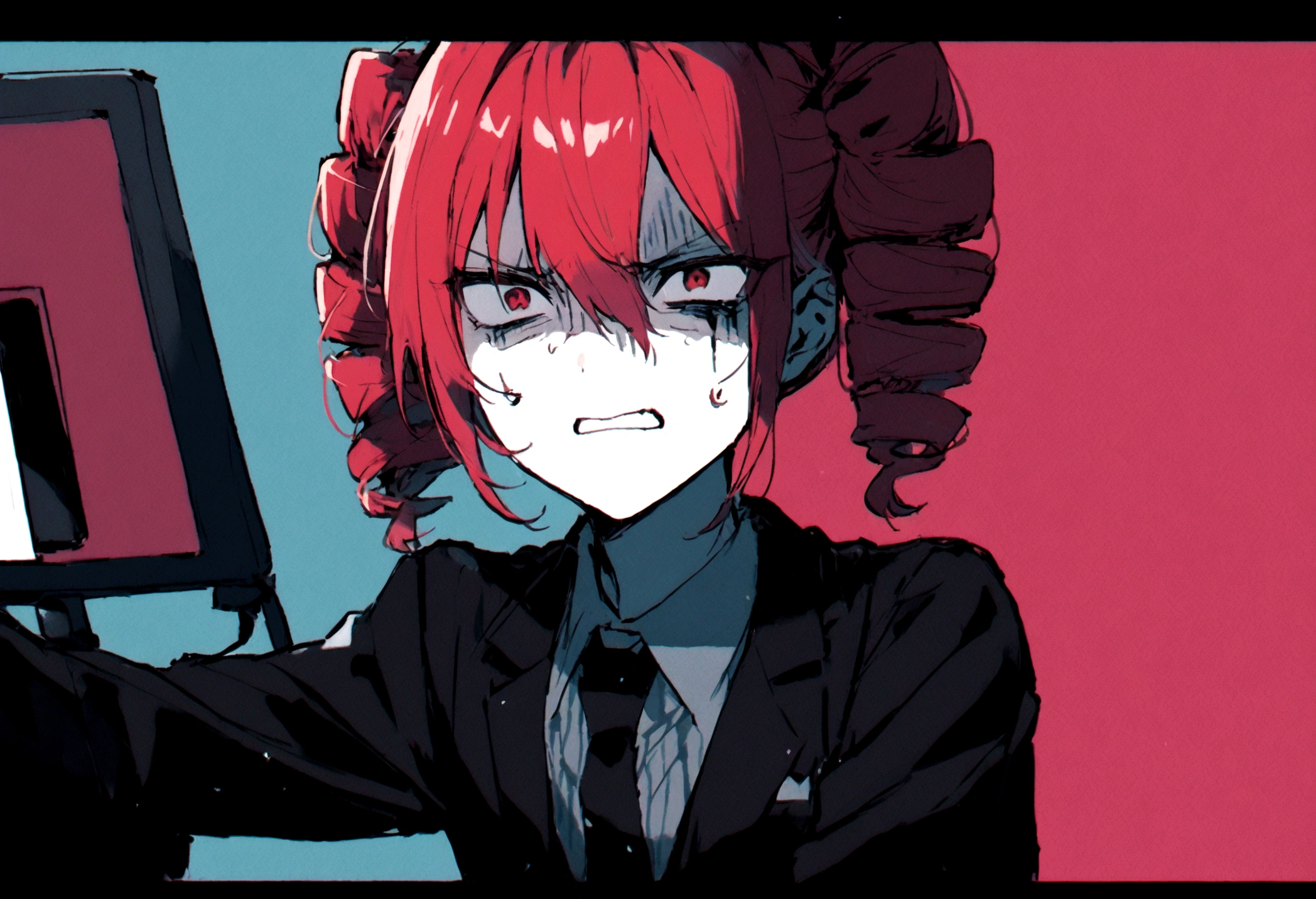 Red hair、Black Suit、Painful face、Sit in front of your computer