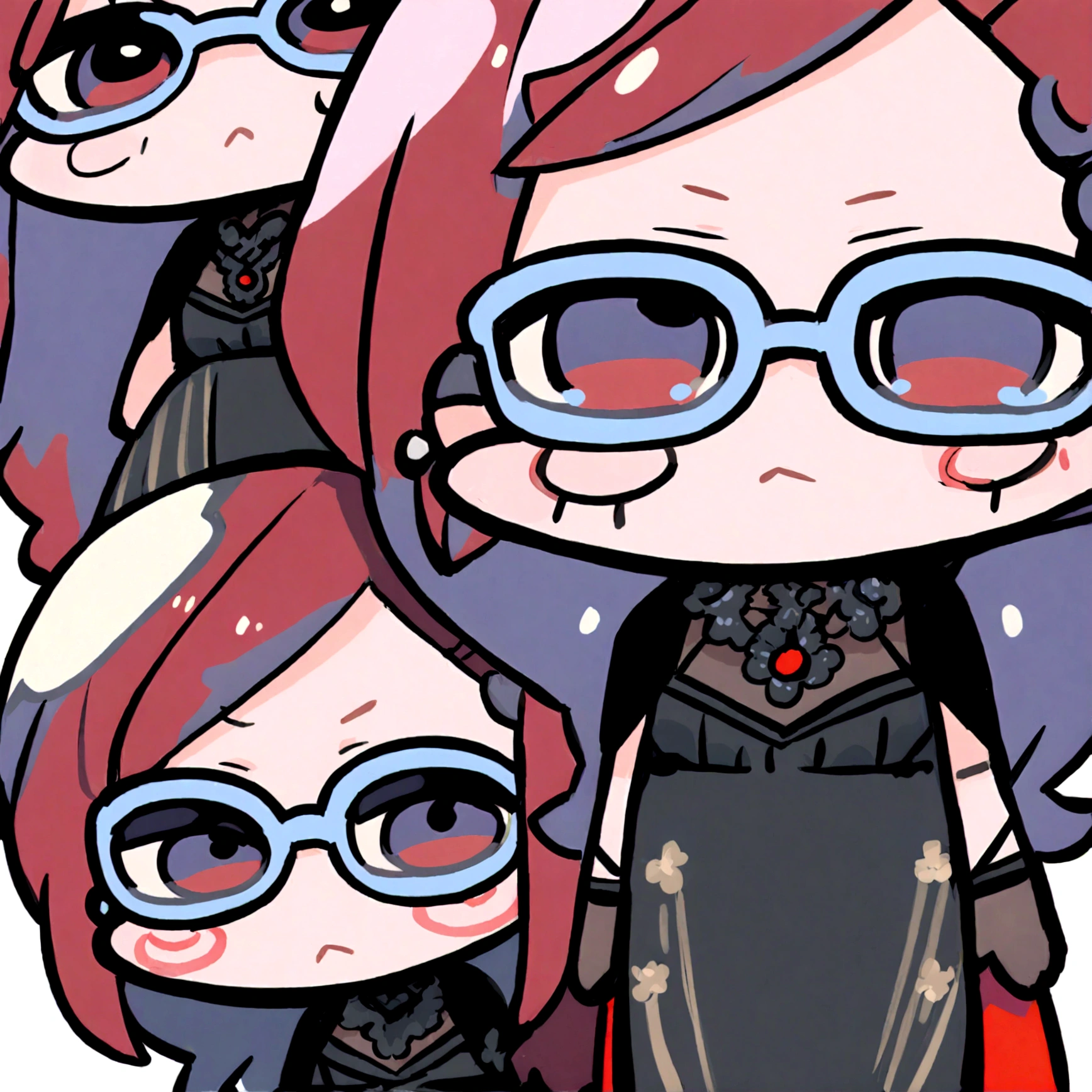 a chibi female with a black dress, red long hair and glasses on