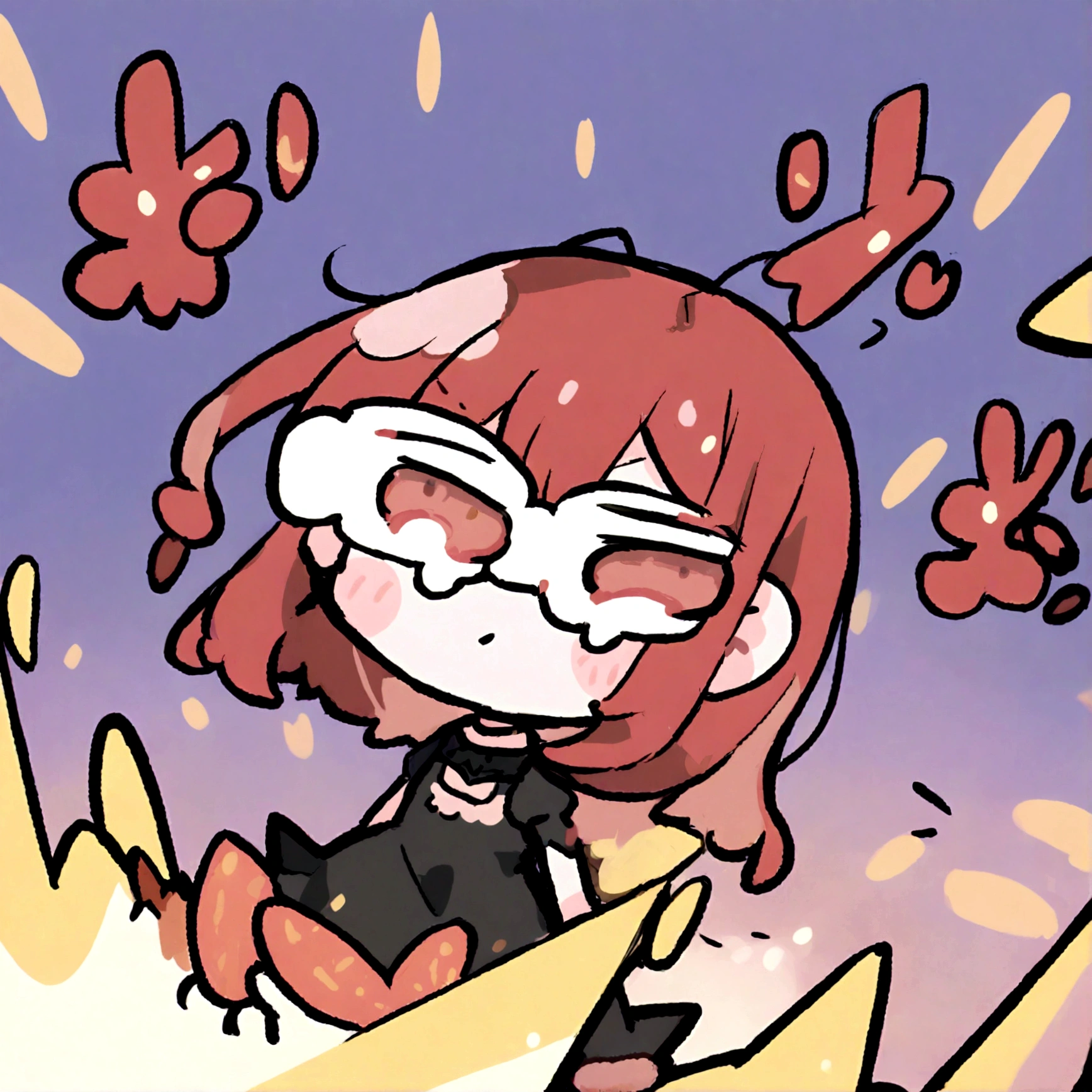 a chibi female with a black dress, red long hair and glasses on