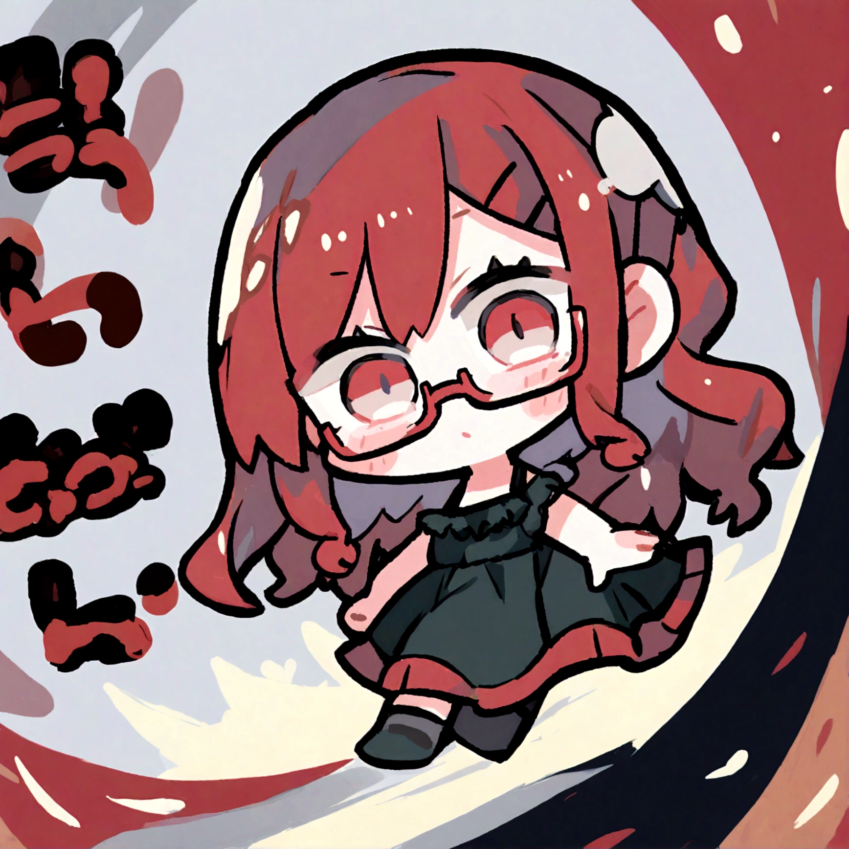 a chibi female with a black dress, red long hair and glasses on