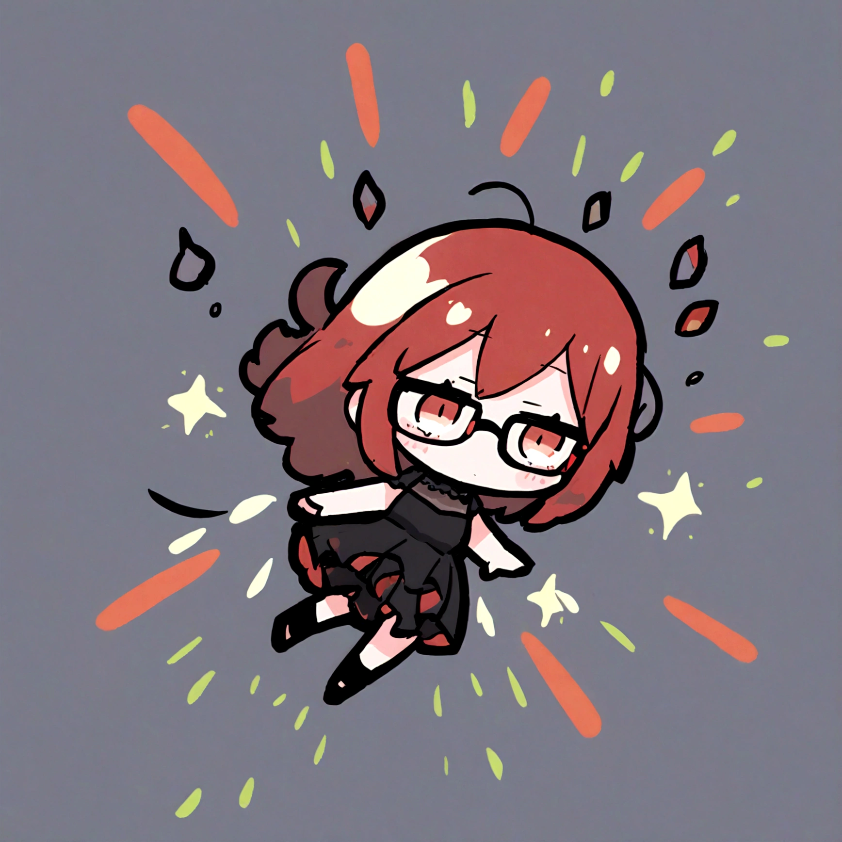 a chibi female with a black dress, red long hair and glasses on