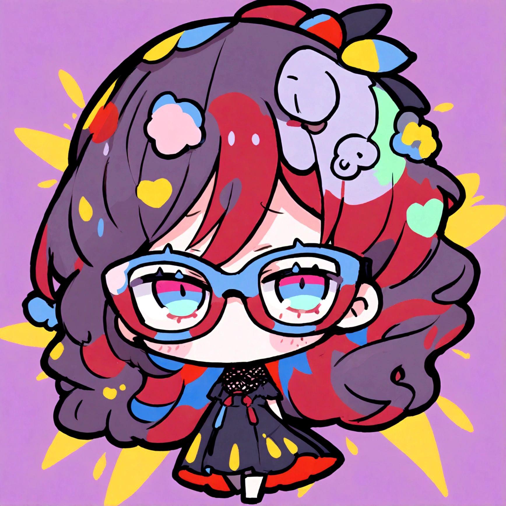 a chibi female with a black dress, red long hair and glasses on