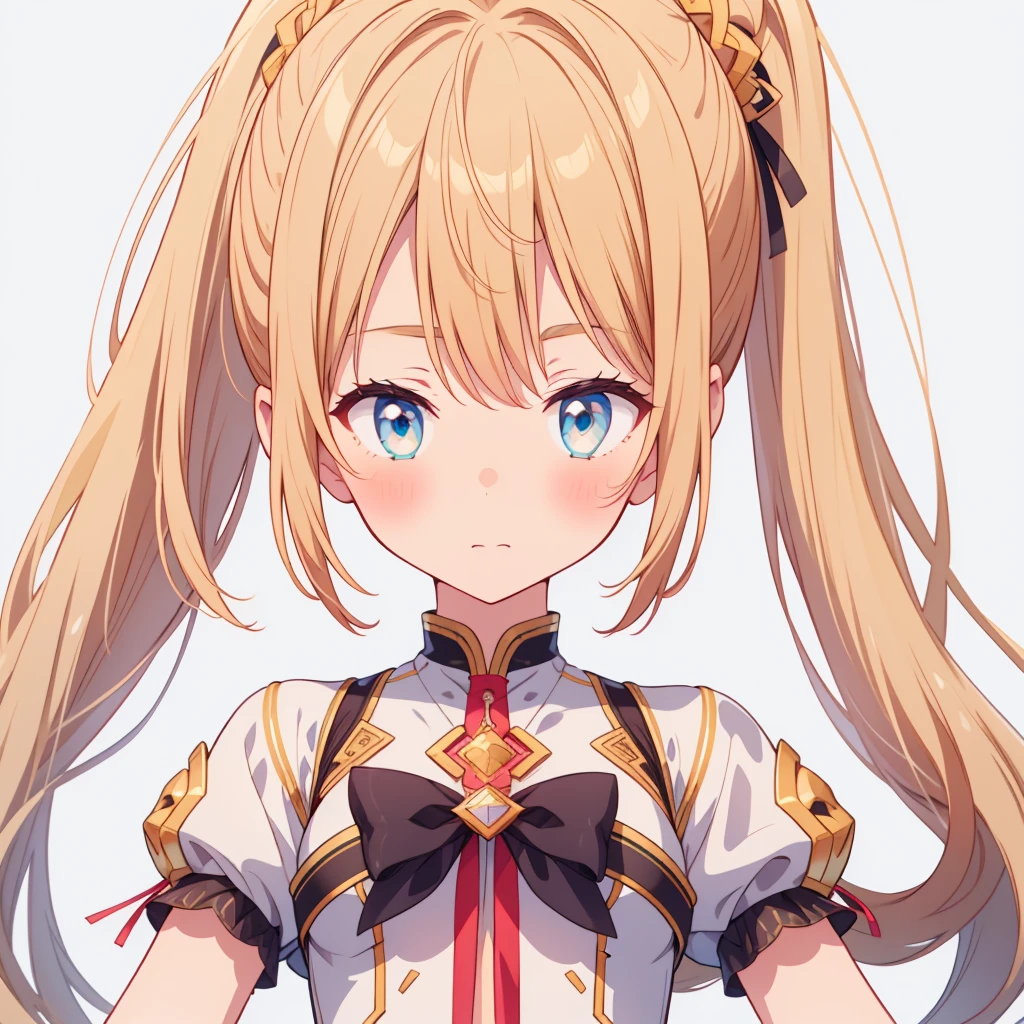 Close-up shot、vtuber half body、Golden Ratio、Bangs shorter than eyebrows、highest quality、Best illustrations、Very detailed、Upper Body、alone、1 girl、Looking into the camera、upright、Place your arms at your sides、Beautiful fine details、Concept Art、from the front、White Background、Simple Background、Big eyes、Very detailedな眼、ponytail、Short sleeve、water colored pencils、Kind Face、blush、Virtual YouTuber、