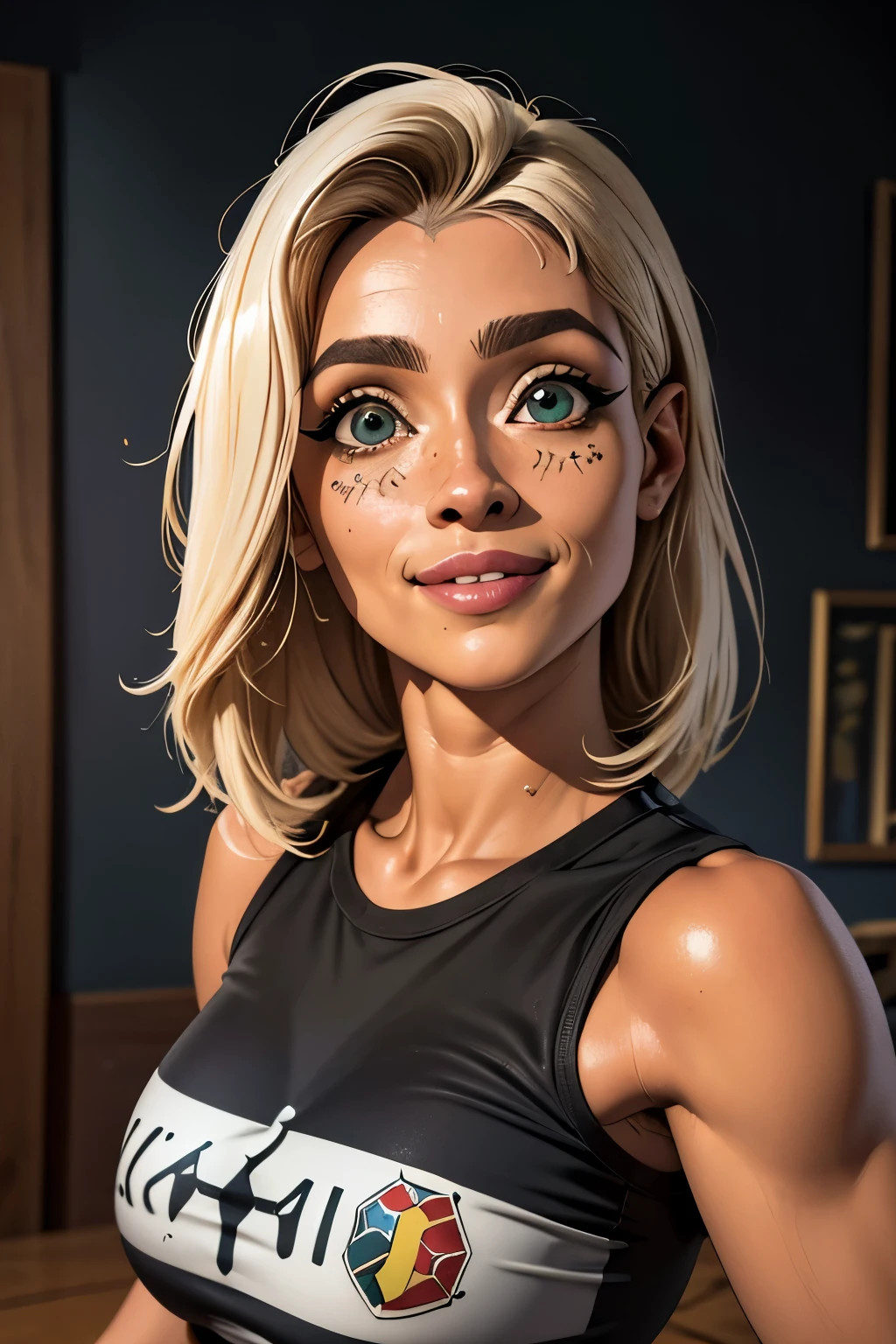 (melhor qualidade), (Obra de arte), (high resolution), (detalhes intrincados:0.2),(Professional Lighting), sala, fundo detalhado, camiseta preta grande, fora do ombro, (preview), 1 garota, Sozinho, (rosto bonito:1.40), Corpo fino, Pele fina, sorriso, cabelo castanho com rabo de cavalo longo, olhos azuis celestes, (Medium crossbows:1.10), veja no visualizador,