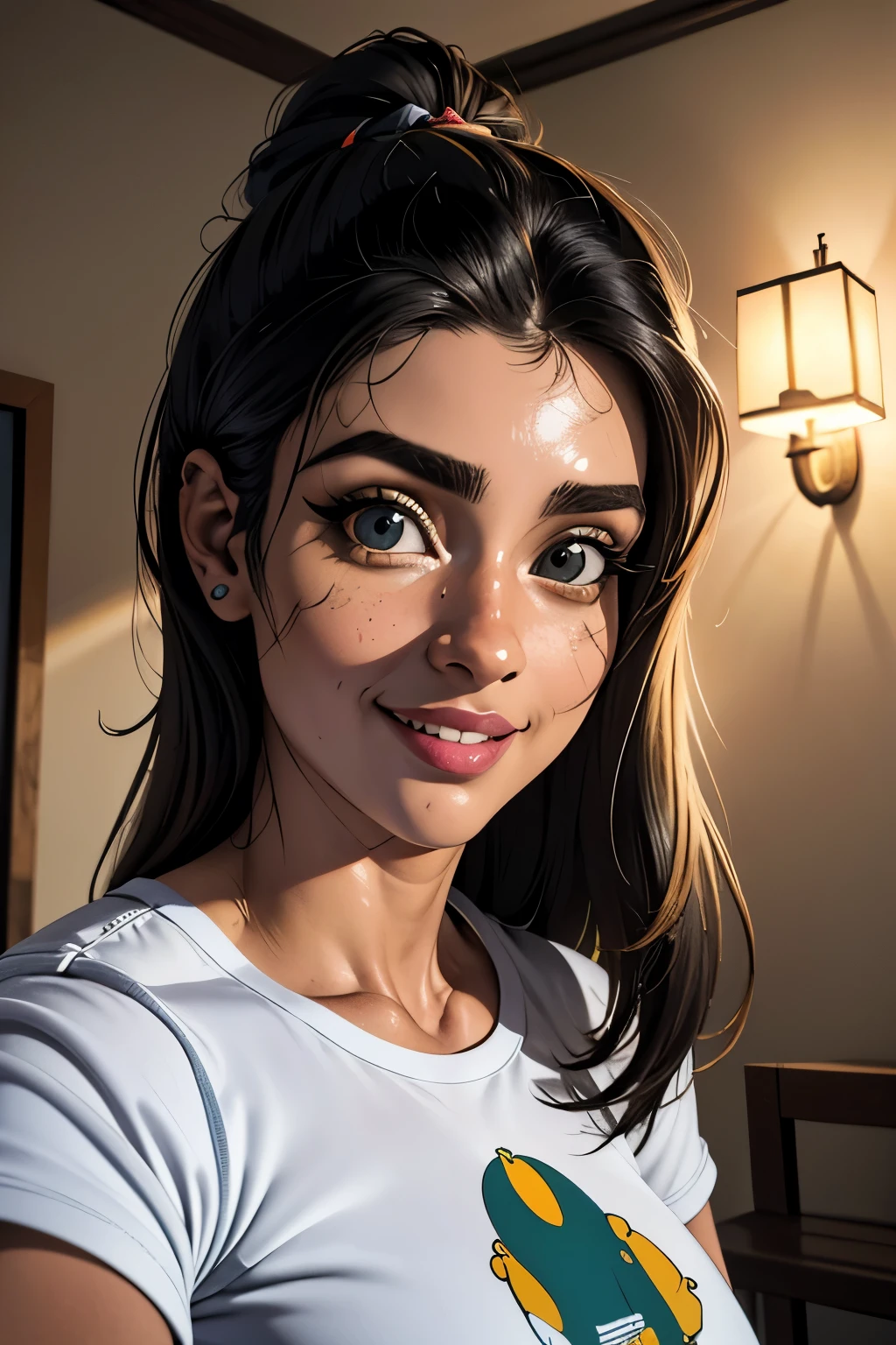 (melhor qualidade), (Obra de arte), (high resolution), (detalhes intrincados:0.2),(Professional Lighting), sala, fundo detalhado, camiseta preta grande, fora do ombro, (preview), 1 garota, Sozinho, (rosto bonito:1.40), Corpo fino, Pele fina, sorriso, cabelo castanho com rabo de cavalo longo, olhos azuis celestes, (Medium crossbows:1.10), veja no visualizador,