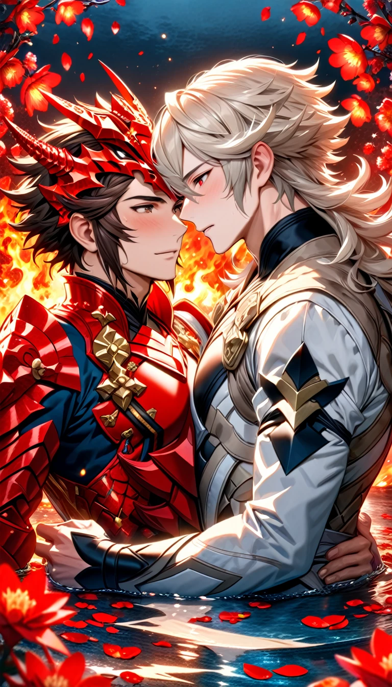 absurdres, highres, ultra detailed, HDR, master piece, best quality, Ryoma, dark brown long hair, expressive brown eyes, fire emblem fates, Corrin, white short hair, expressive red eyes, two sexy men together, gay couple, yaoi, handsome, white clothes, water, red butterflies, red flowers, red petals