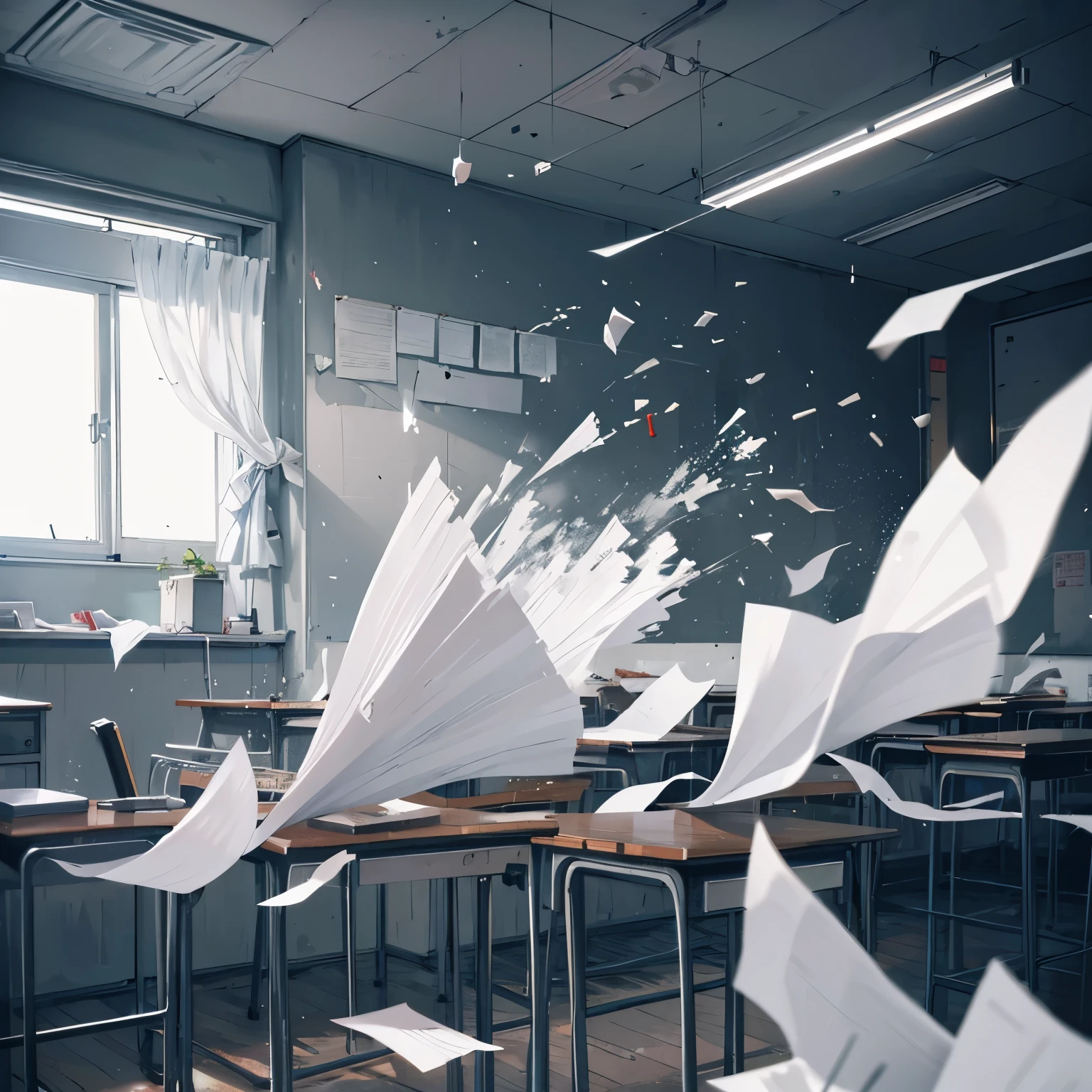 White chalk,A lot of chalk flying in the air like bullets,Air waves,Messy classrooms,unmanned,