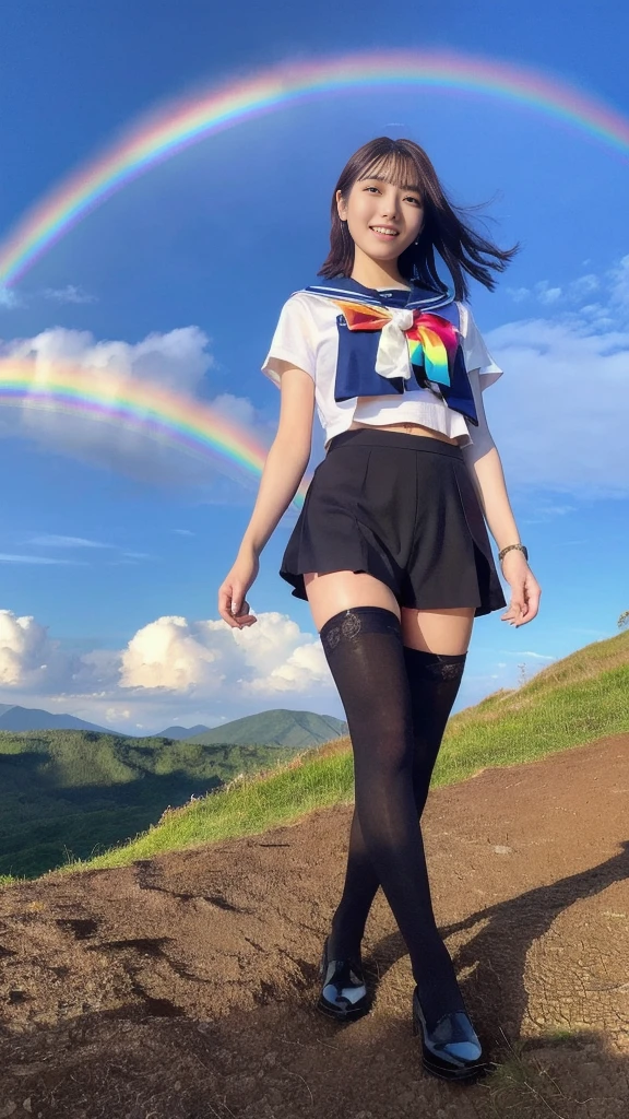 Detailed face, Cute Face, masterpiece, highest quality, Very detailed, shape, Wide-angle, (A female student is walking on a Slope to the mountaintop,uphill:1.25), alone, 20th generation, (short hair,Blue Sailor Suit,bow, Calvin Klein black stockings:1.35) ,(Sky after rain、A rainbow appears,rainbow background:1.35), composition, balance, Harmony, rhythm, color, Light, Shadow, reflection, refraction, tone, Contrast, prospect, Middle Way, background, Naturalistic, Figurative, Expressive.、(Droopy eyes, Natural Makeup、Ultra-high definition beauty face:1.25)、(Ultra high resolution perfect beautiful teeth, Mid-chest, Tight waist, smile:1.15)、Ultra HD Shining Eyes、Super high quality glossy lip