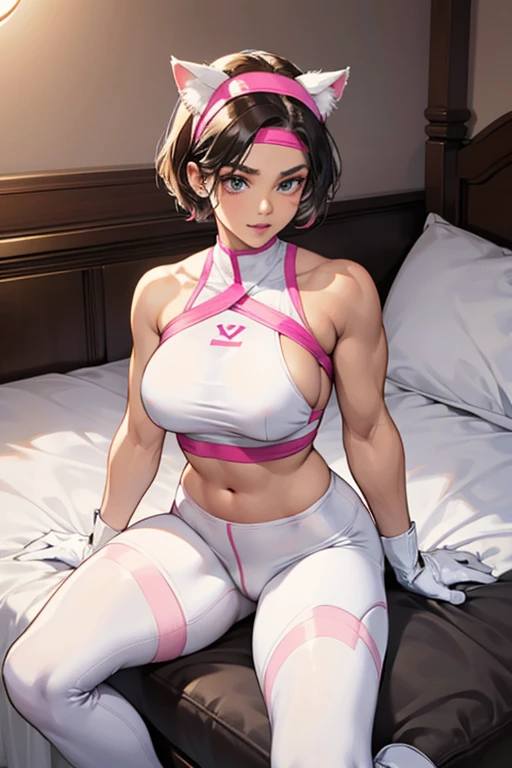 A short-haired, muscular, big-breasted, dark-skinned mature woman wearing a pink tube top, white leggings that expose her breasts, white boots, white gloves, and a cat ear headband, sitting on a bed