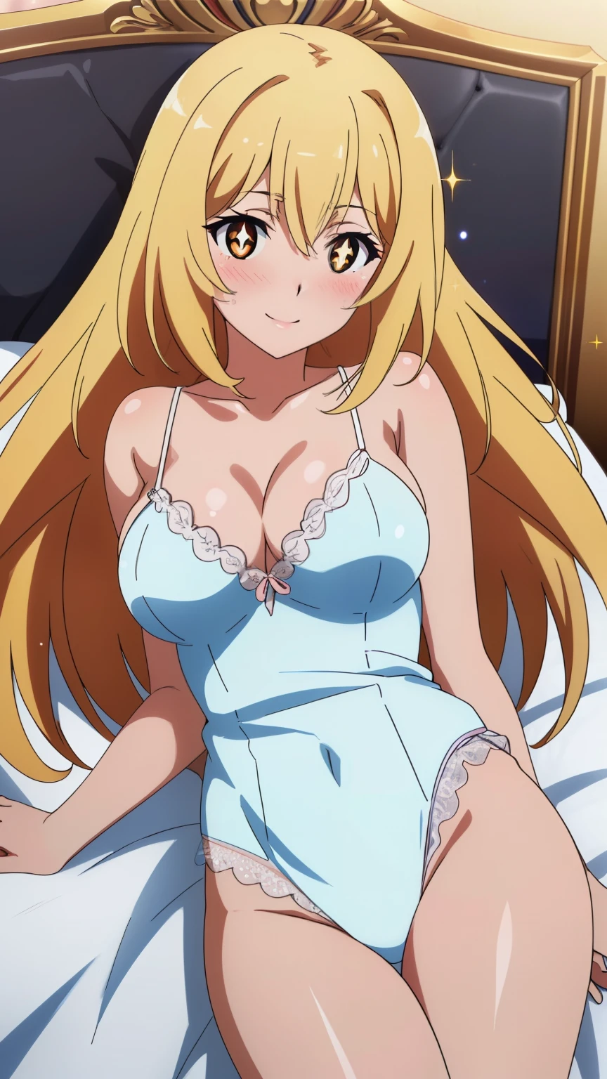 (highest quality, High resolution, 8k, masterpiece: 1.2), Very detailed, (Anime), Misaki Shokuhou, orange eyes, (pupils sparkling:1.2), Beautiful character design, Perfect eyes, Perfect face, Expressive eyes, Perfect balance, smile, blonde, Long Hair, large , (negligee, bed, lying,blush:1.3), looking at the camera,(cowboy shot), The gaze camera focuses on the center of the image,