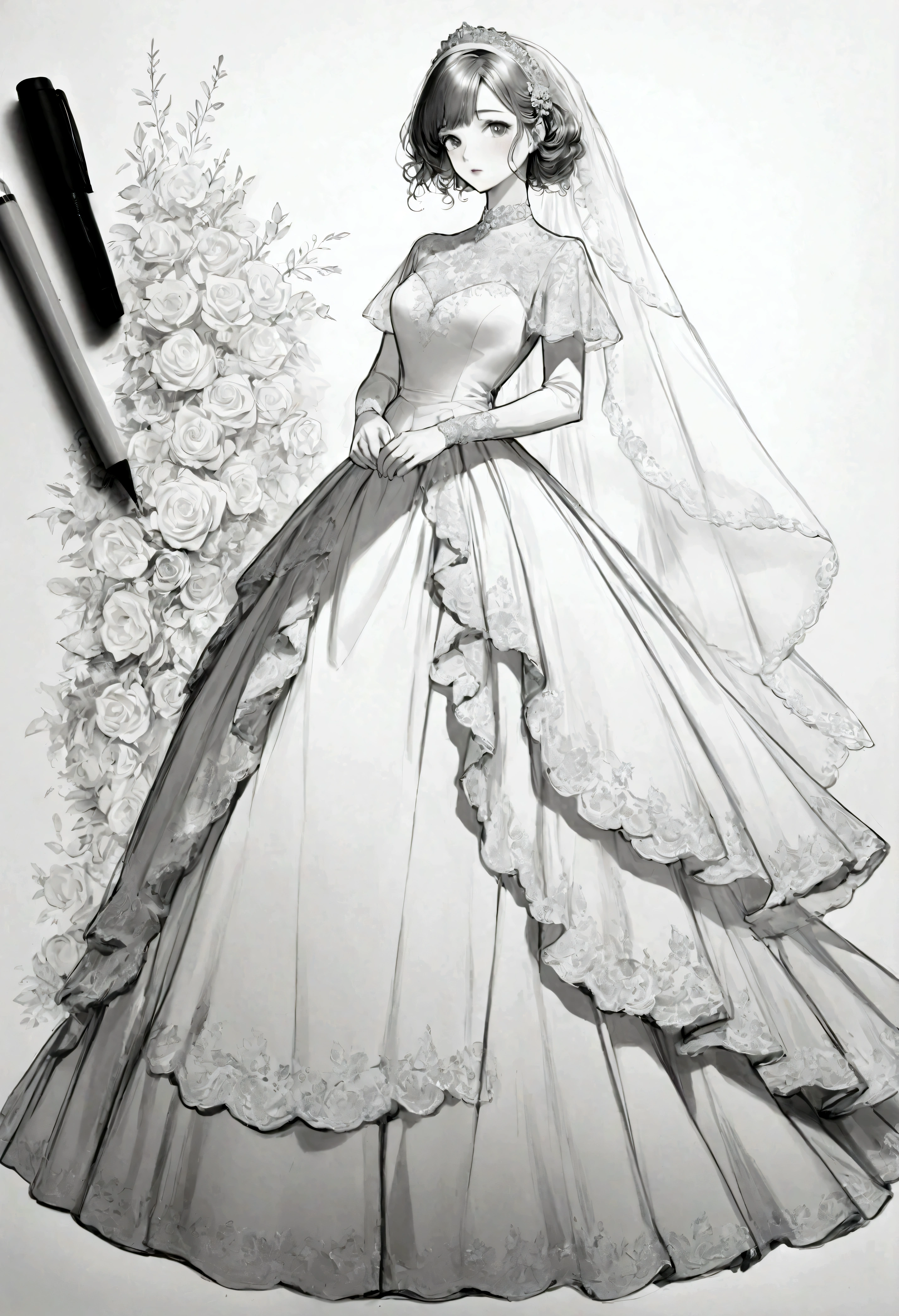 /I extremely detailed grayscale sketch of a Beautiful vintage wedding dress, full body, coloring page, outlined, white background