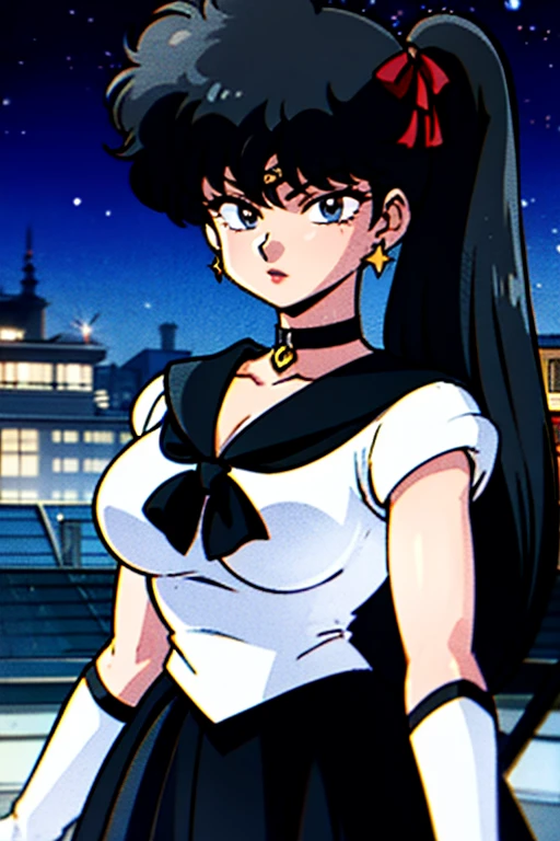 masterpiece, best quality, 1girl, solo, looking at viewer, facing viewer, night, rooftop, city, cityscape, anime screencap,1990s \(style\), (art by Naoko Takeuchi),EPsmPluto, arrow earrings, bishoujo senshi sailor moon, black bow, black choker, black sailor collar, black skirt, bow, brooch, choker, circlet, elbow gloves, garnet rod, gem, gloves, black hair, jewelry, long hair,kodachi kuno, miniskirt, pleated skirt, black eyes, red gemstone, sailor collar, shirt, short sleeves, skirt, solo, star (symbol), star choker, swept bangs, white shirt,Muscular thighs,Big Breasts、Voluptuous muscular body,Cleavage,Open chest