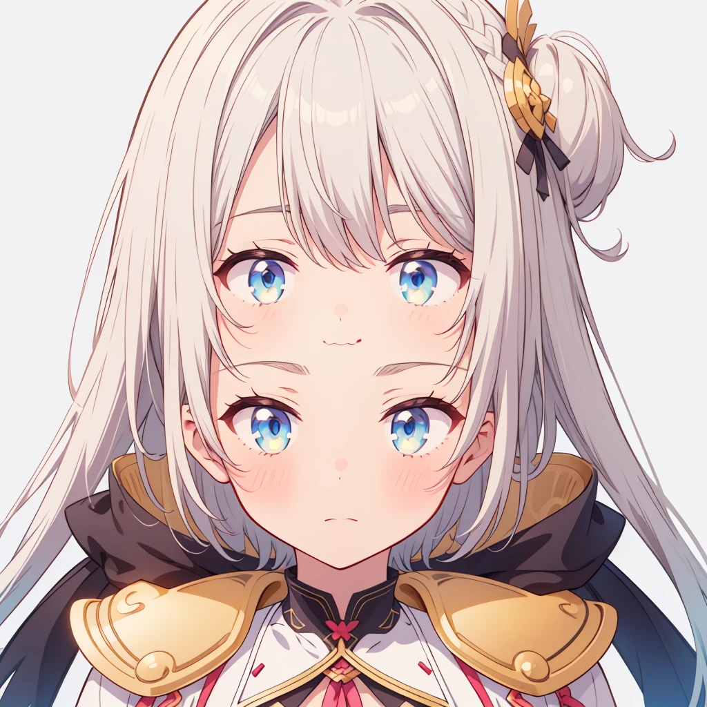 Close-up shot、White hair ponytail、vtuber half body、Golden Ratio、Bangs shorter than eyebrows、highest quality、Best illustrations、Very detailed、Upper Body、alone、1 girl、Looking into the camera、upright、Place your arms at your sides、Beautiful fine details、Concept Art、from the front、White Background、Simple Background、Big eyes、Very detailedな眼、、Short sleeve、water colored pencils、Kind Face、blush、Virtual YouTuber、